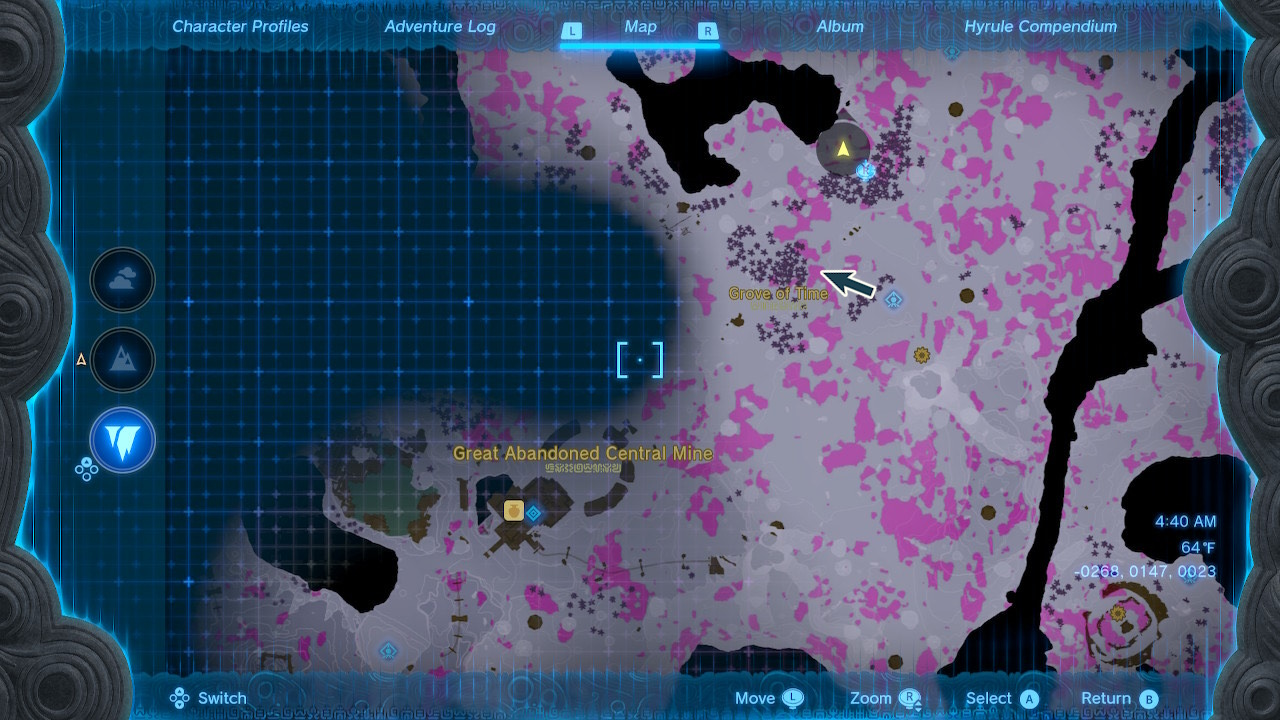 A map shows the location of the Grove of Time in the Depths in Zelda Tears of the Kingdom.