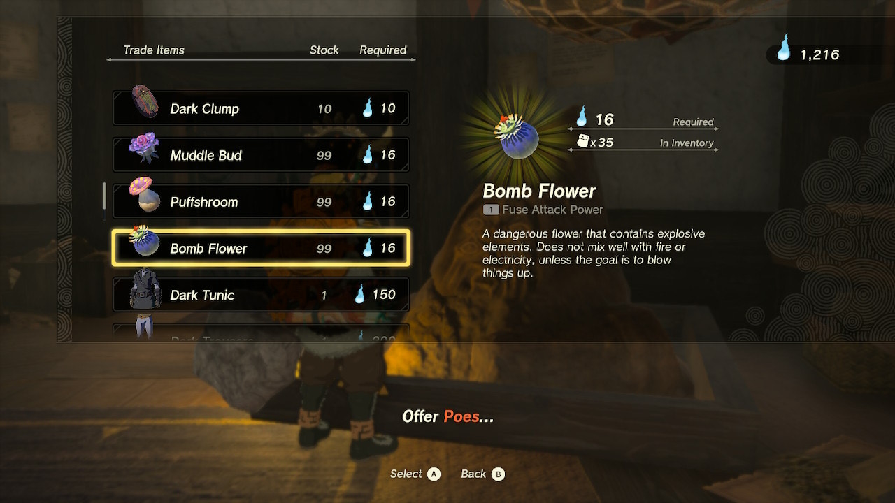 Link buys a bomb flowers from a bargainer statue in Zelda Tears of the Kingdom.