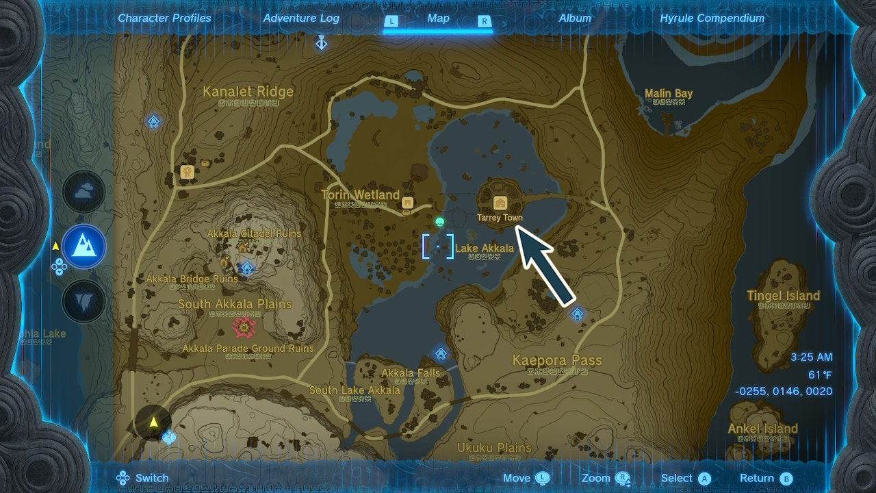 A map shows the location of Tarry Town in Hyrule in Zelda Tears of the Kingdom.