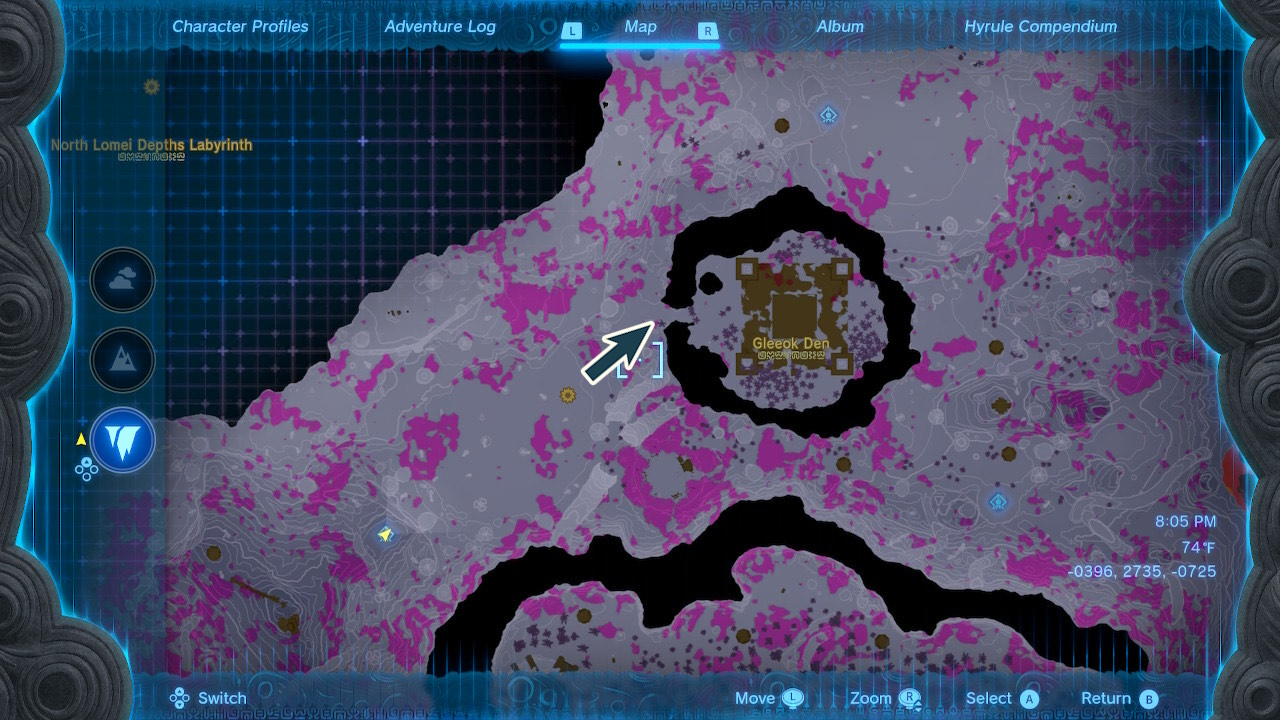 A map shows the location of the Gleeok Den in Zelda Tears of the Kingdom.