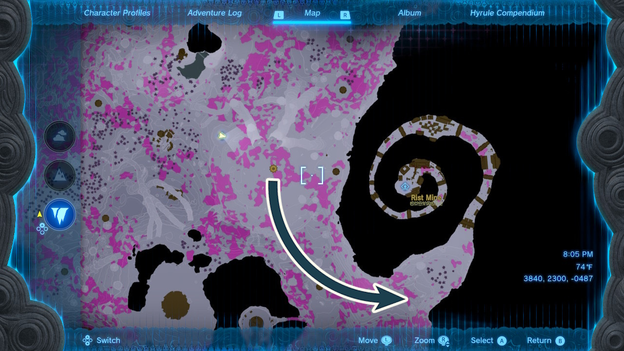 An arrow points toward Rist Mine in the Depths of Zelda Tears of the Kingdom.