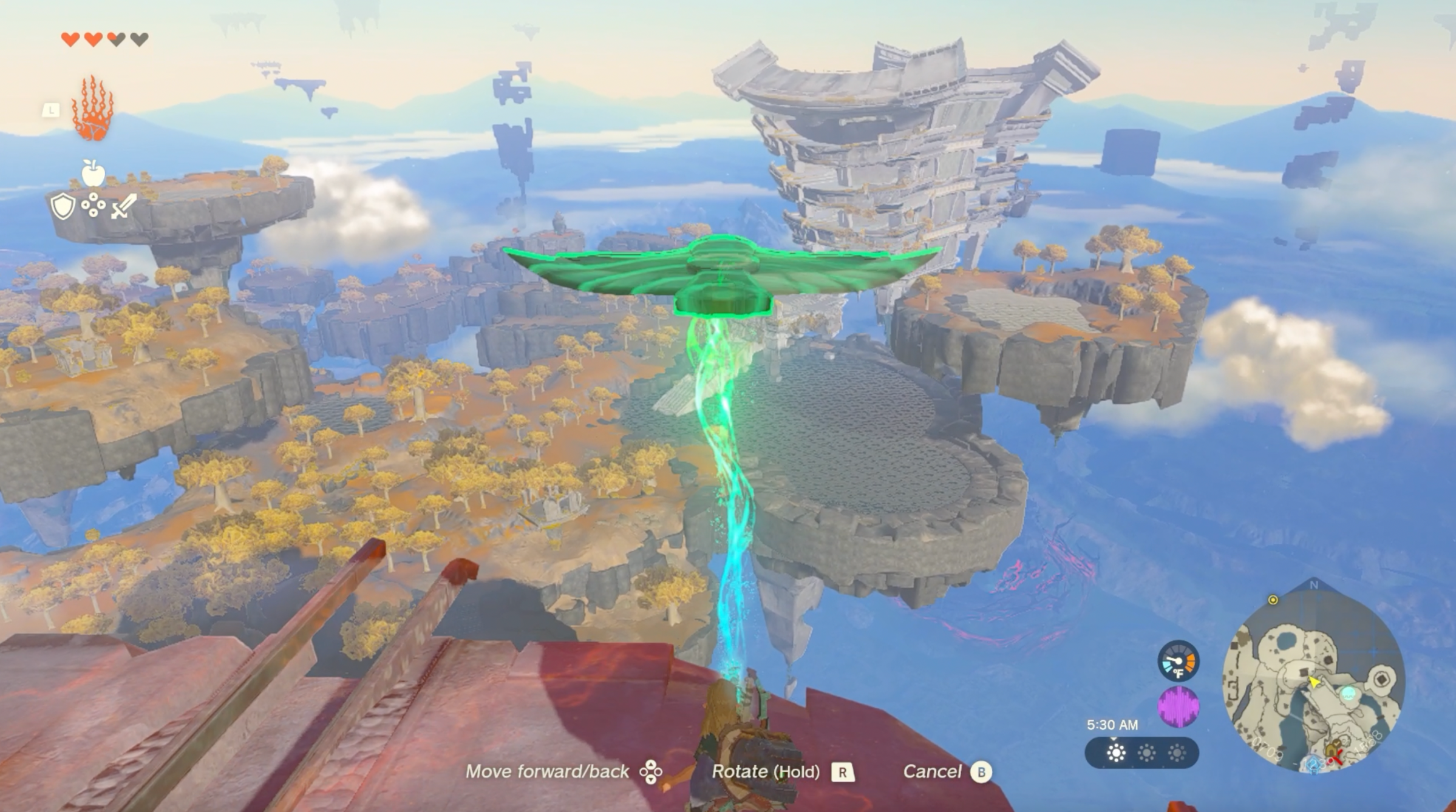 Link uses Ultrahand to suspend a wing off a cliff near the Temple of Time on the Great Sky Island in Zelda Tears of the Kingdom.