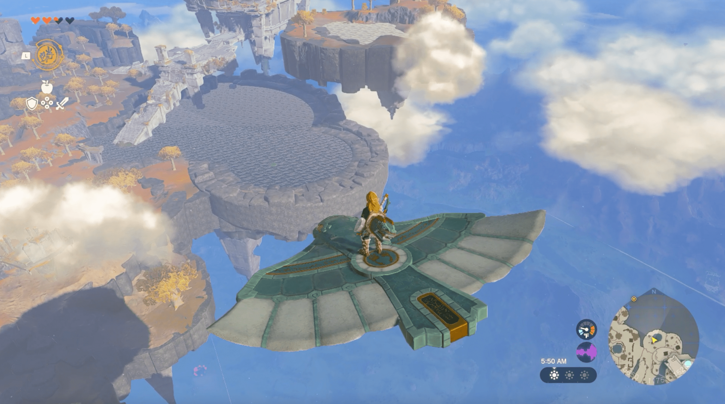 Link rides a wing to glide to the Temple of Time on the Great Sky Island in Zelda Tears of the Kingdom.