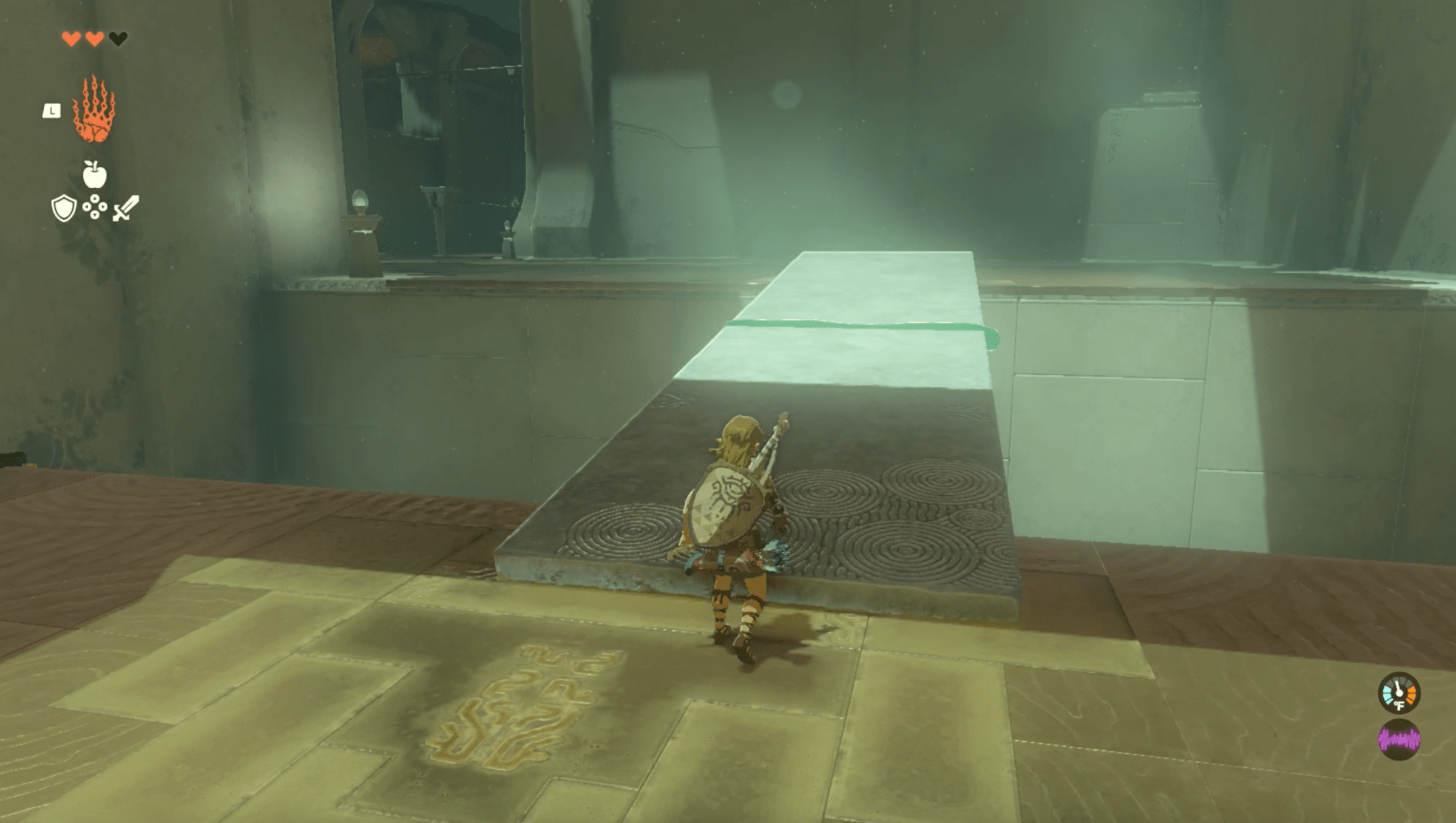 Link runs across a long bridge in the Ukouh Shrine in Zelda: Tears of the Kingdom.