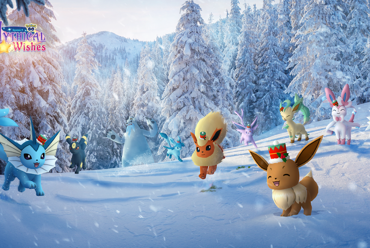 A Pokémon trainer wears an Eevee mask with a Giratina in a gym
