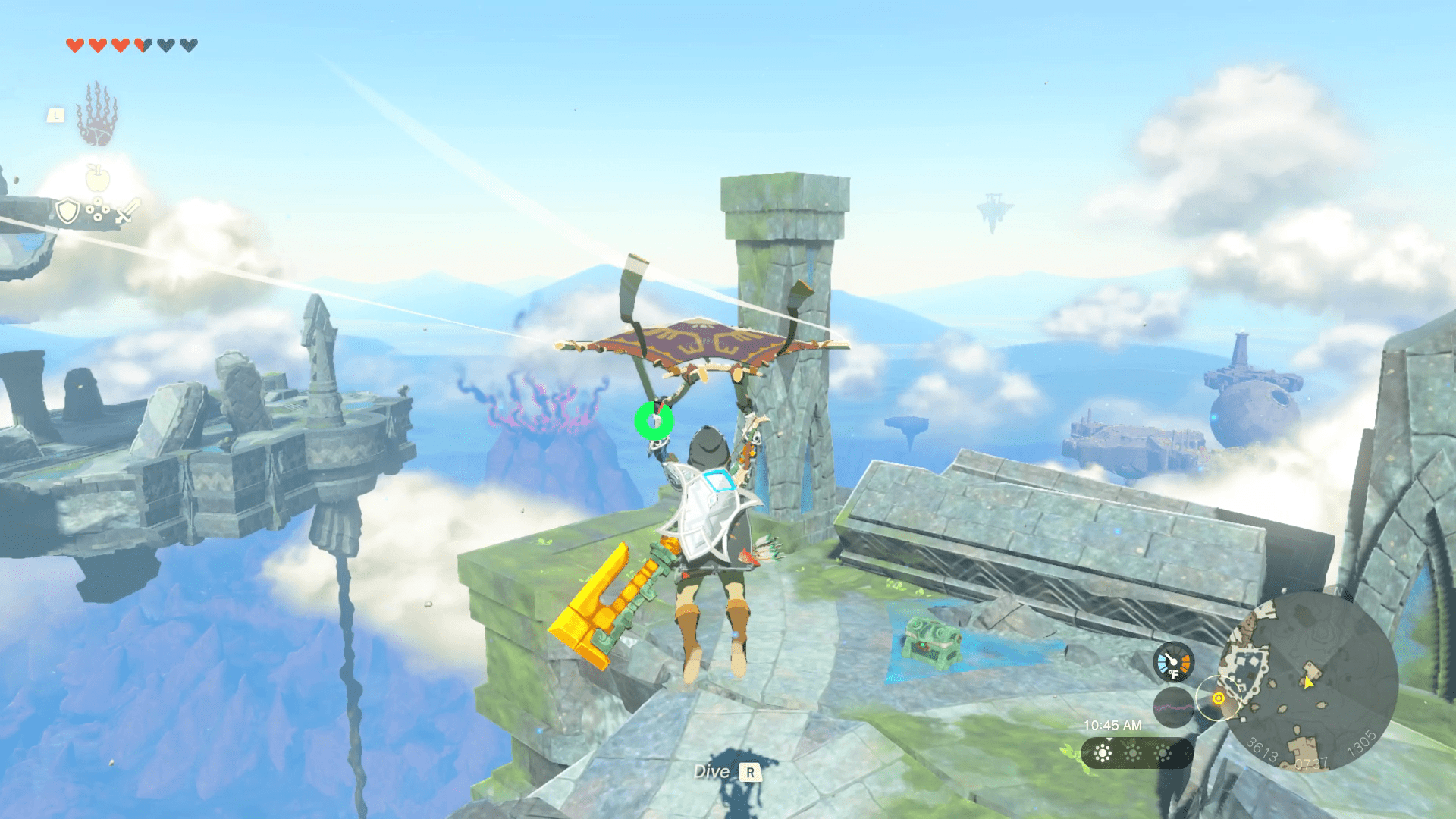 Link uses the paraglider to soar above another section of decorative stone island. His destination is another tall pillar, covered with moss.