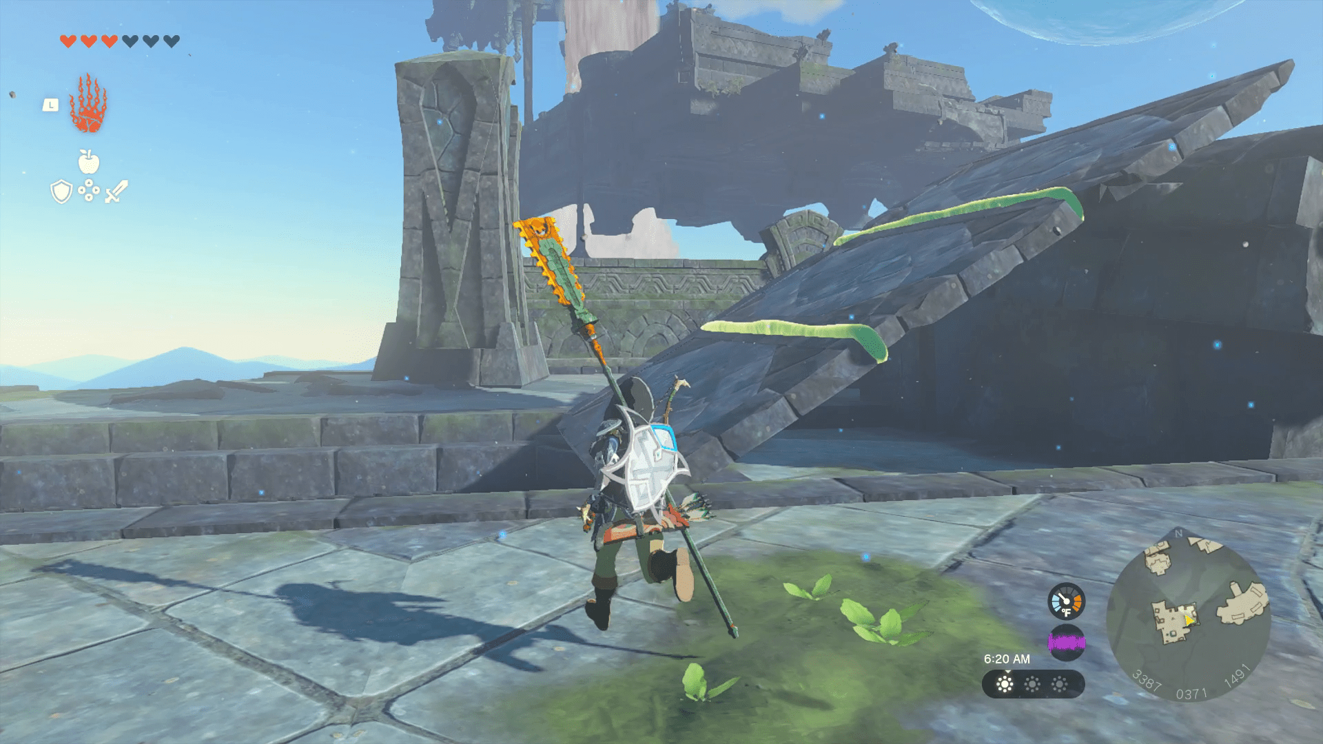 Link jogs toward a ramp constructed of flat stone pieces, stitched together by a sticky looking substance on their horizontal edge. The ramp connects a hole on the left side of the screen with a high platform on the right.
