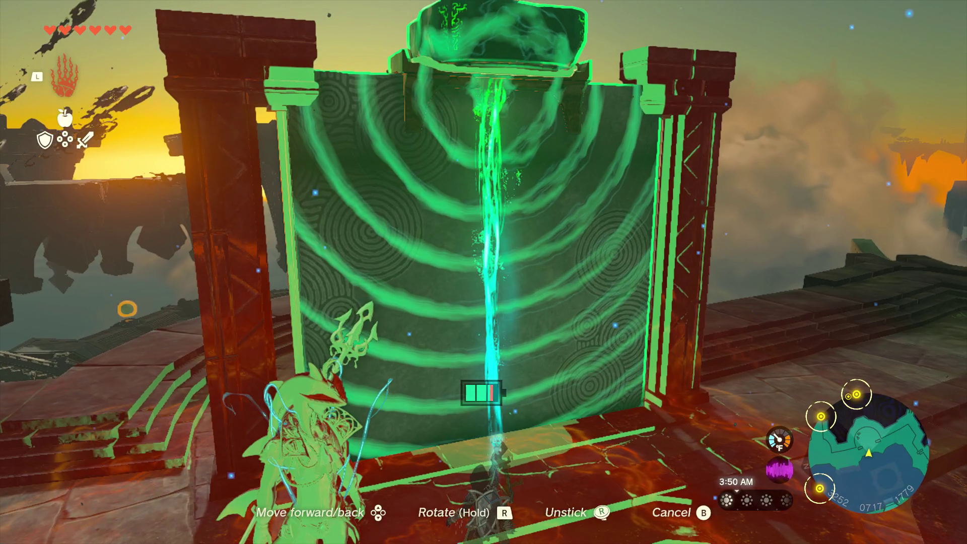Link uses his Ultrahand power on a tall wooden gate, covering it in a green, glowing light.