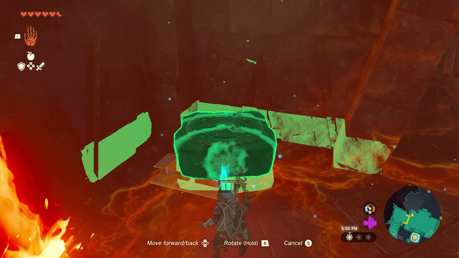 Link lifts a small platform above a fiery floor, and surrounded by light from his Ultrahand ability.
