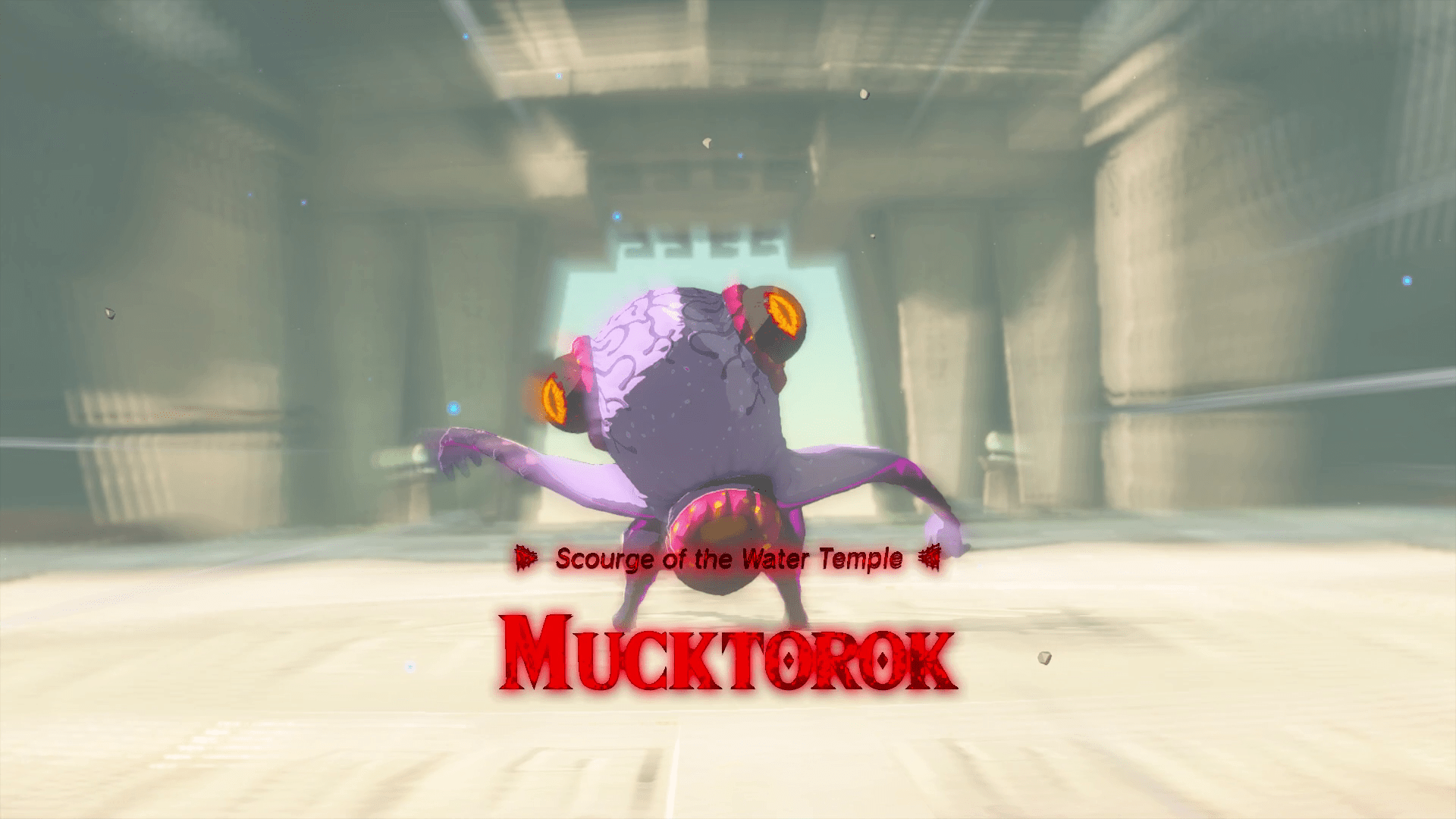 A purple squidlike monster with a bulbous head and a yellow, protruding eyeball on either side, along with a month with pointed teeth and scales. Text reads “Scourge of the Water Temple — Mucktorok”