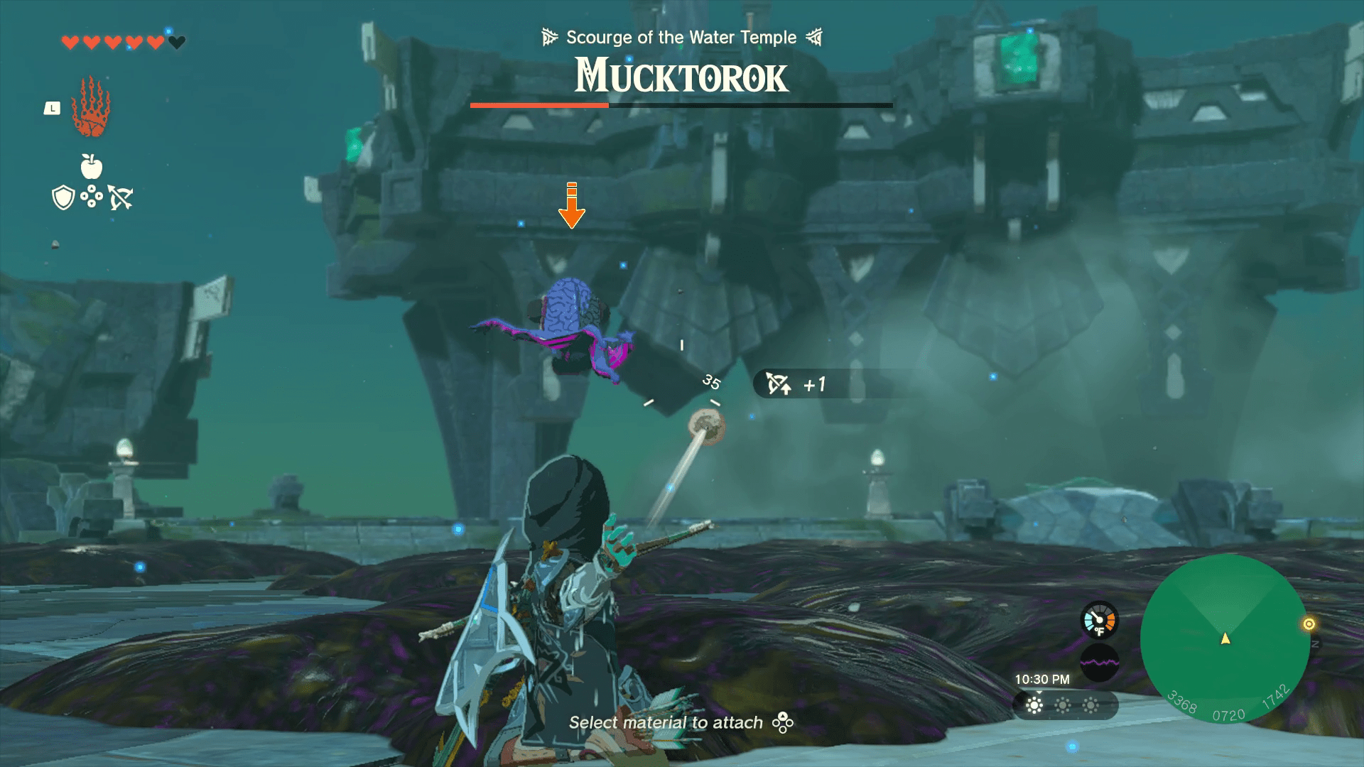 The Mucktorok purple squid creature retreats in the air from Link, who has his bow raised to fire an arrow at it. The fight takes place on an open stone platform beneath a night sky, and the Mucktorork has 1⁄3 of its health.