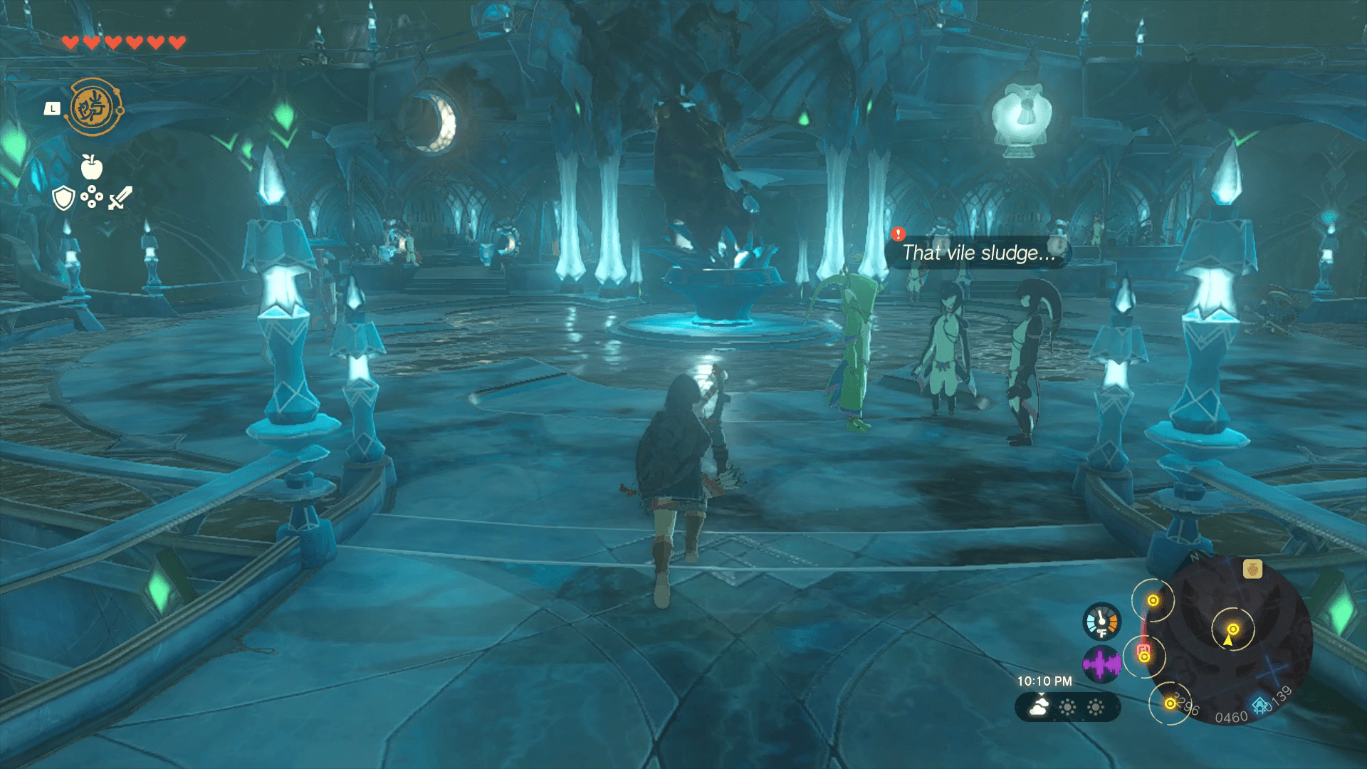 Link approaches three Zora women standing in front of a muddied statue in Tears of the Kingdom. One of them says “That vile sludge ...”