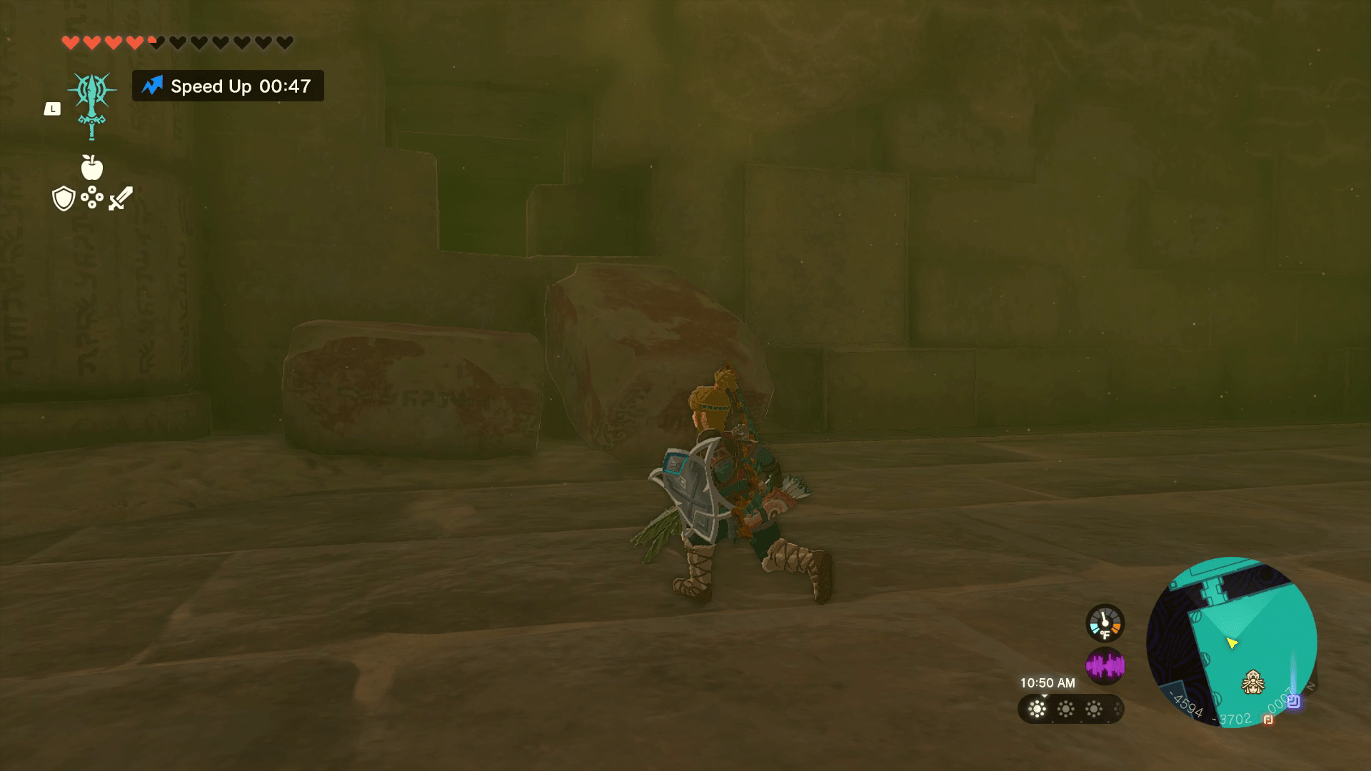 The Legend of Zelda: Tears of the Kingdom Link in the Lightning Temple running toward a hole in the wall.