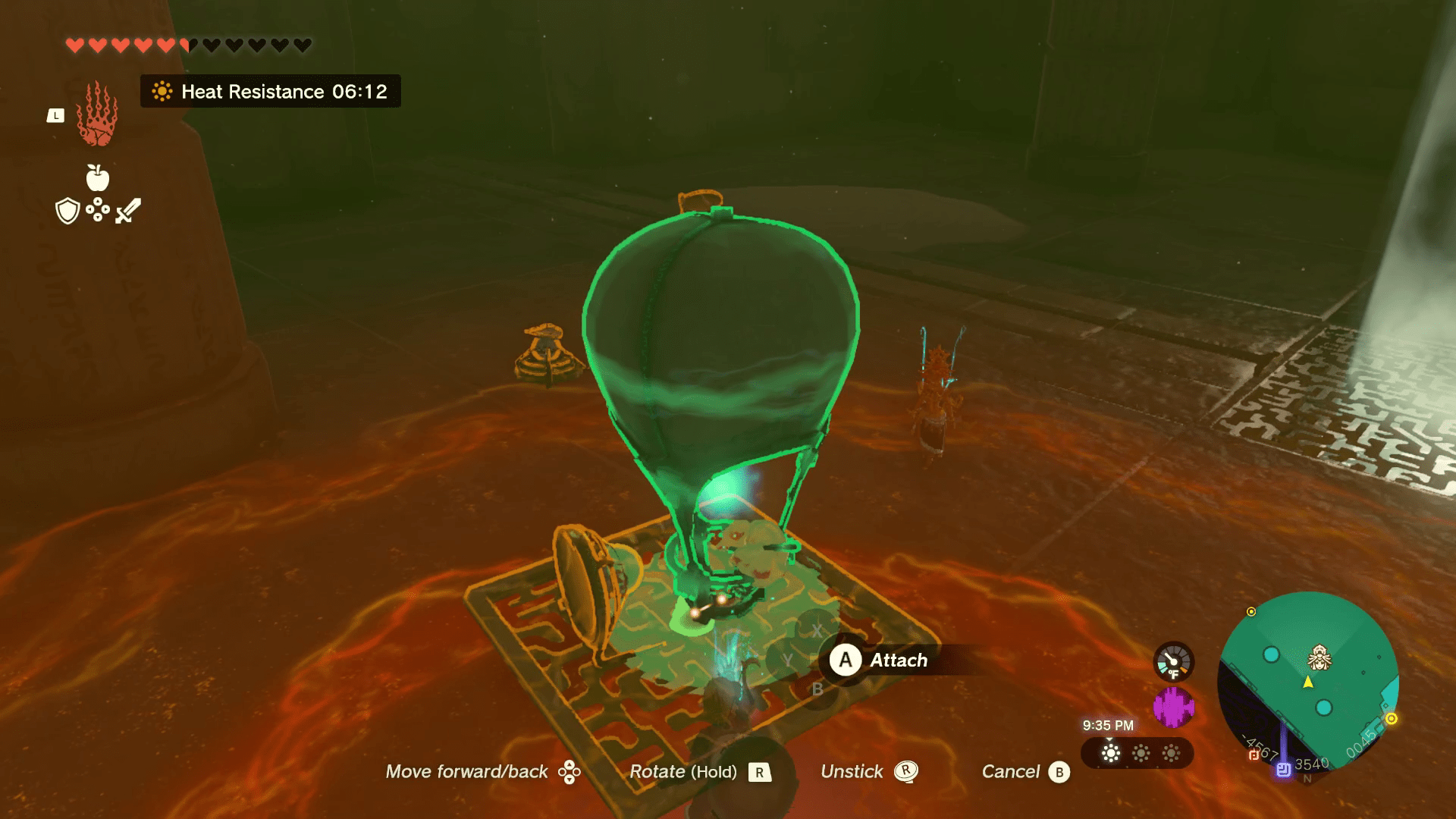 The Legend of Zelda: Tears of the Kingdom Link making an Ultrahand contraption out of a balloon, torch, grate, and mirror.