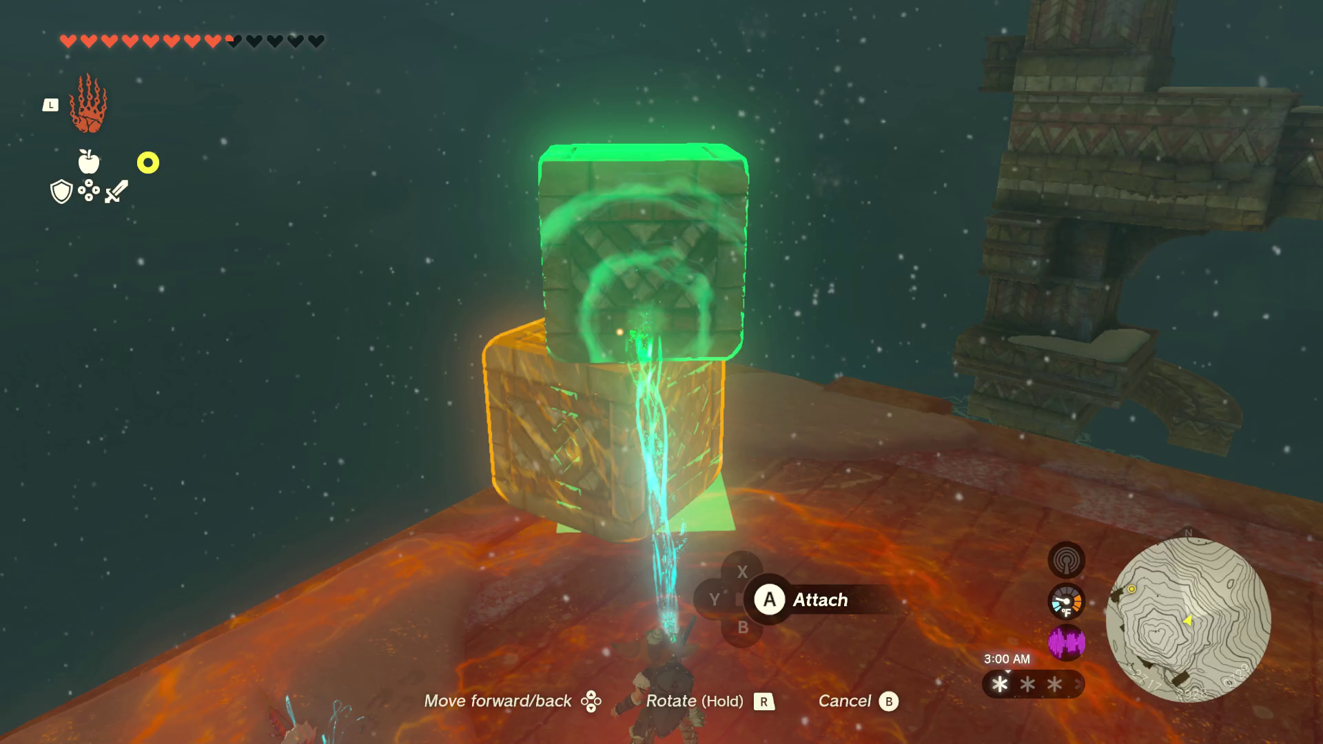 Link is holding a box high in the air using the Ultrahand power, and stacking it on top of another larger box to make a climbable pile.