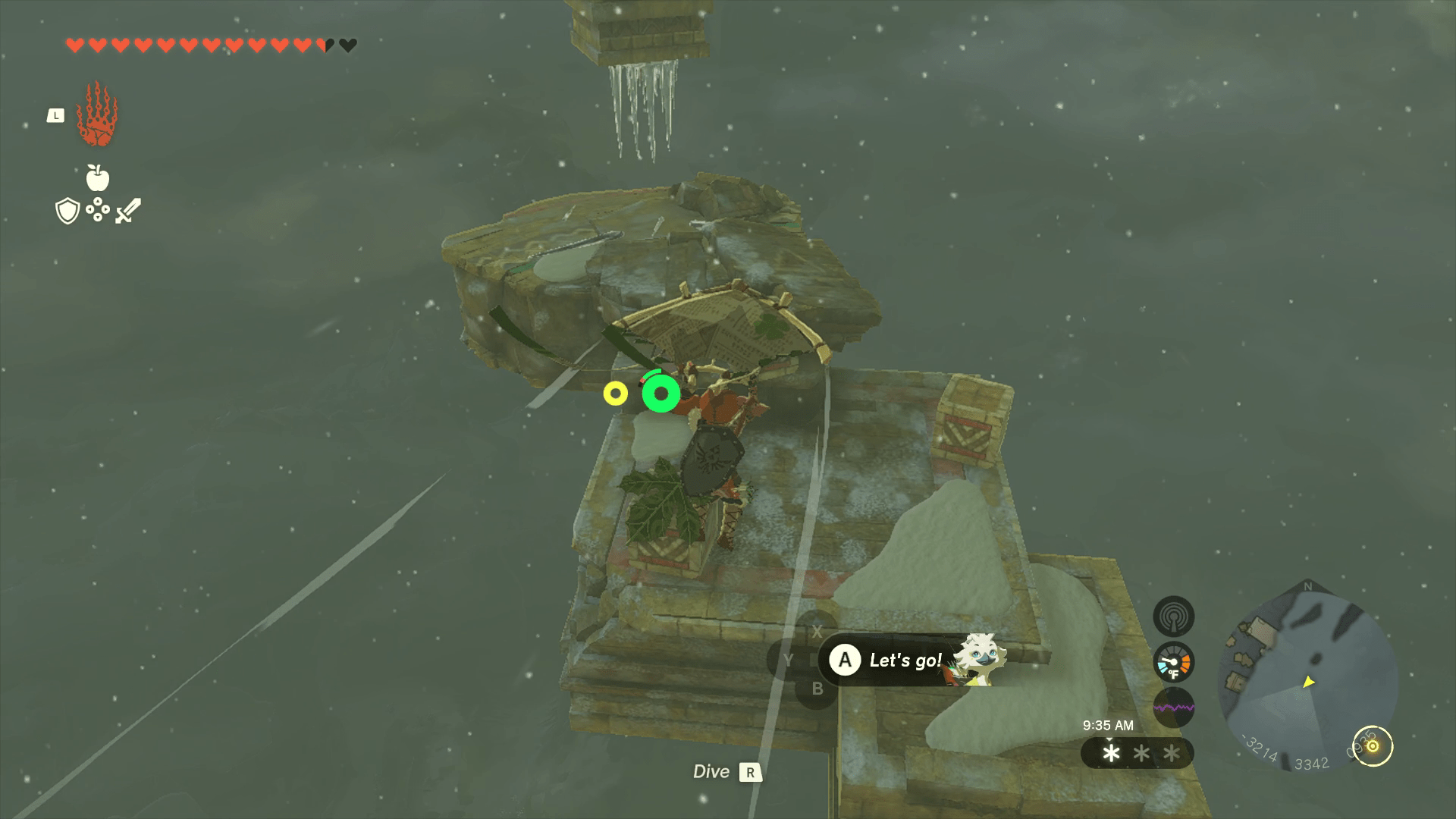 Link uses his paraglider to reach a platform made of three large, stone squares that are interconnected. A button prompt below him says to hit the A button to “Let’s go!”