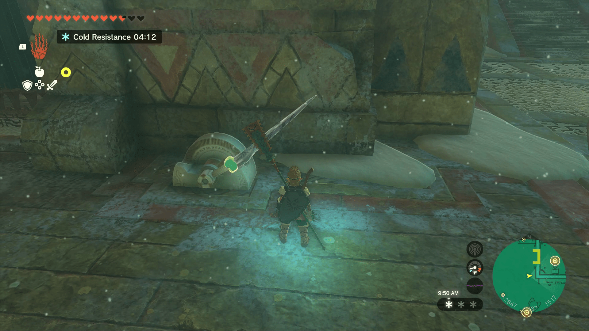 Link stands in front of a metal contraption with a missing lever that would open a lock. The shaft of the lever is missing, so Link has replaced it with a several-foot-long icicle.