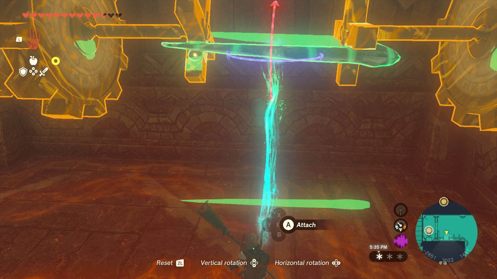 Link uses his Ultrahand ability to connect two golden gears in the ceiling with a 6-foot-long icicle, stopping the gears from rotating.