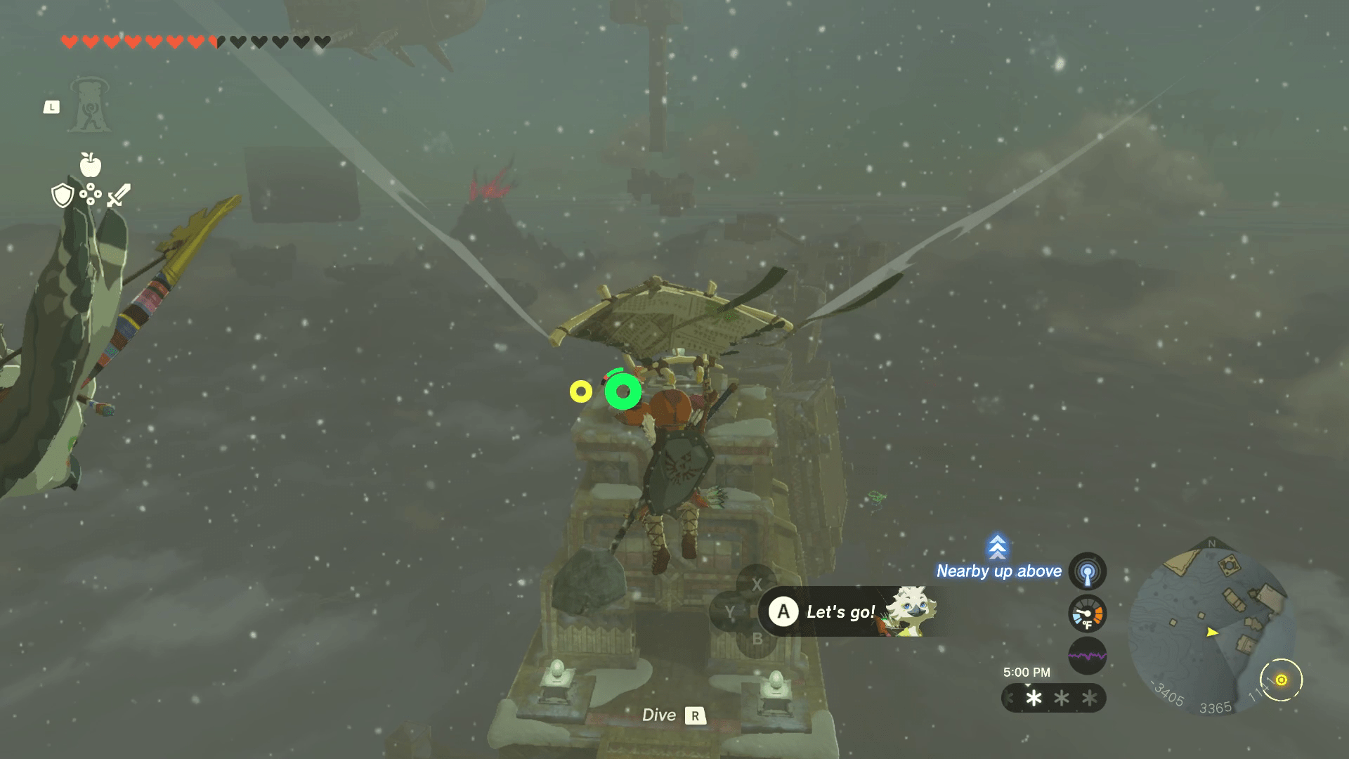 Link paraglides above a snowy, stone walkway that connects to the corner of another platform.