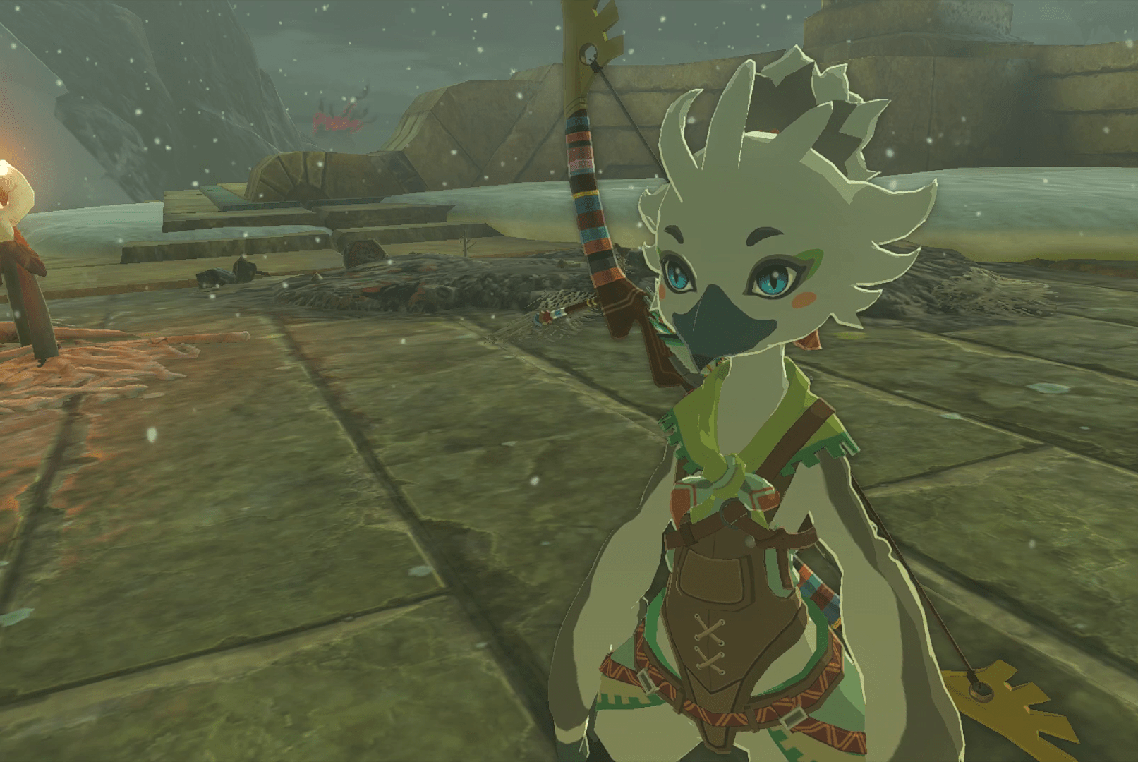 Tulin, a young male bird with white feathers and piercing blue eyes, stand in front of a stone floor. He holds a bow on his back and wears some elaborate gold armor.