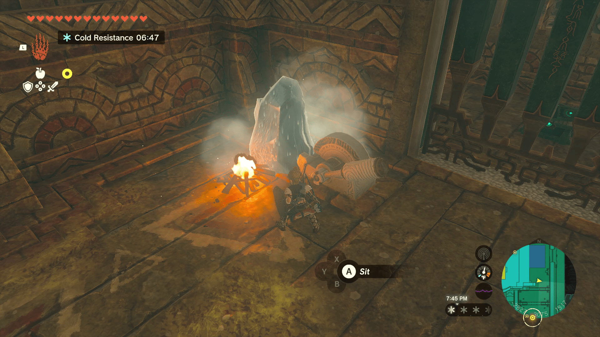 Link stands in a stone room in front of a large boulder made of ice. A campfire next to the boulder is causing it to melt, shrink, and give off steam.