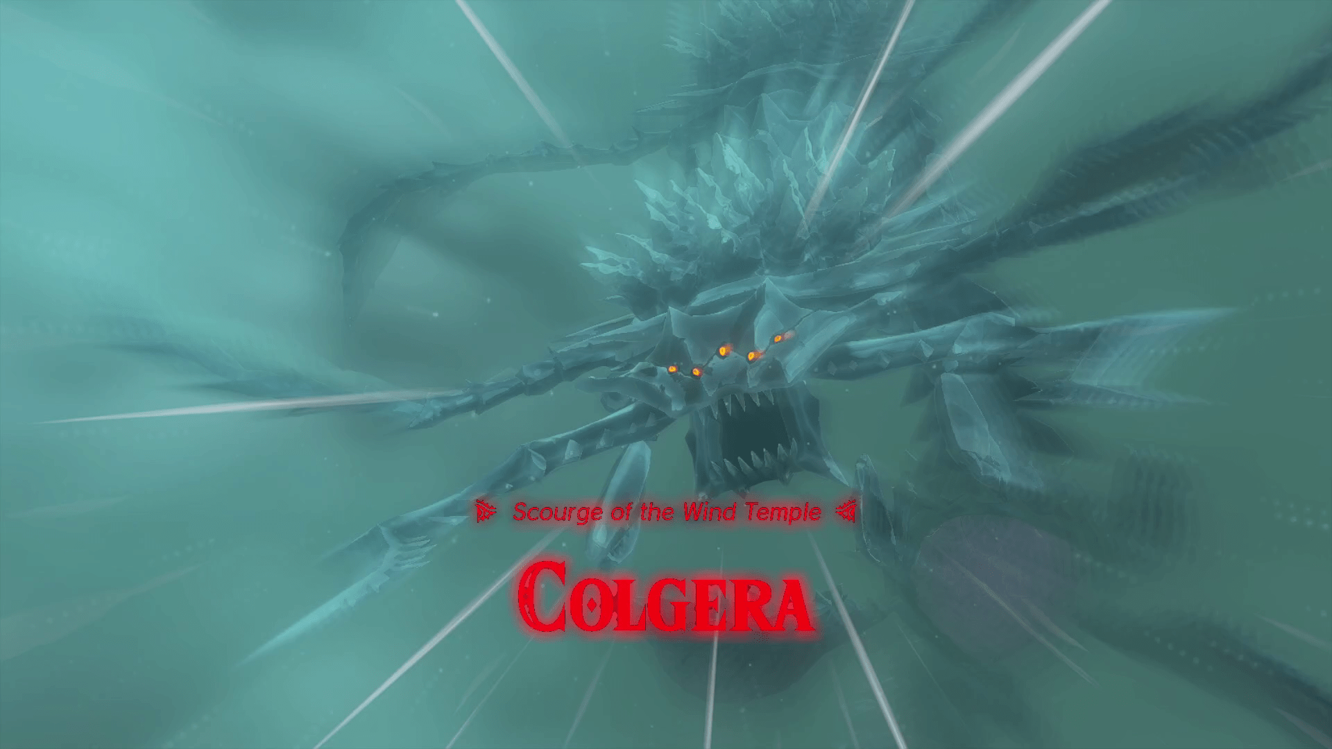 A large, metallic insect flies toward the camera. It has a frightening maw with sharp teeth and five glowing eyes, along with rows of metal spikes on its back. Its name — “Colgera: Scourge of the Wind Temple” — appears below.