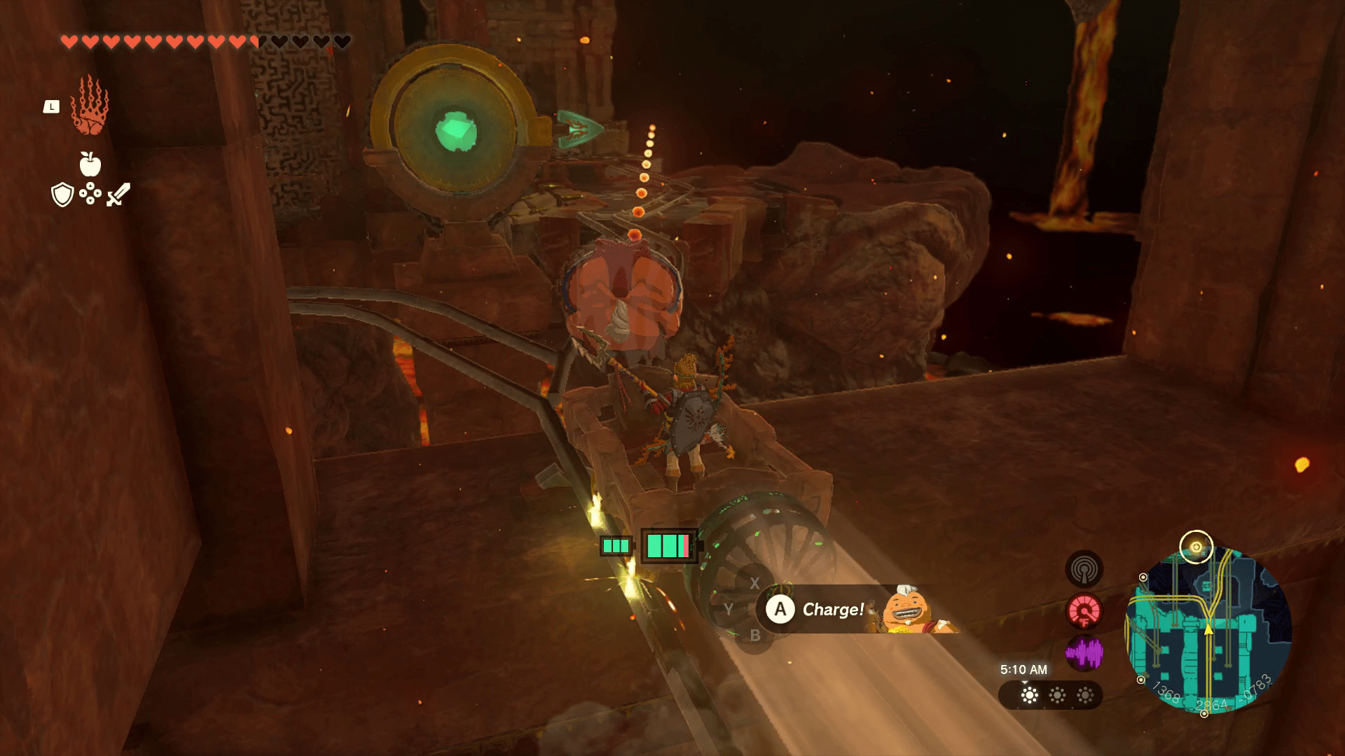 In Tears of the Kingdom, Link rides a minecart powered by a fan and aims Yunobo at another round mechanism with an arrow pointing right