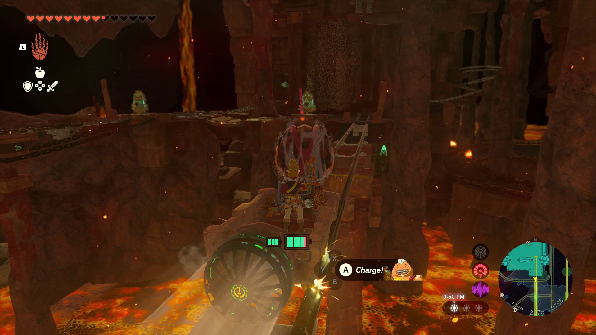 Link rides a minecart with Yunobo in front, aiming it at one of the track-rotating mechanisms in the distance in Tears of the Kingdom