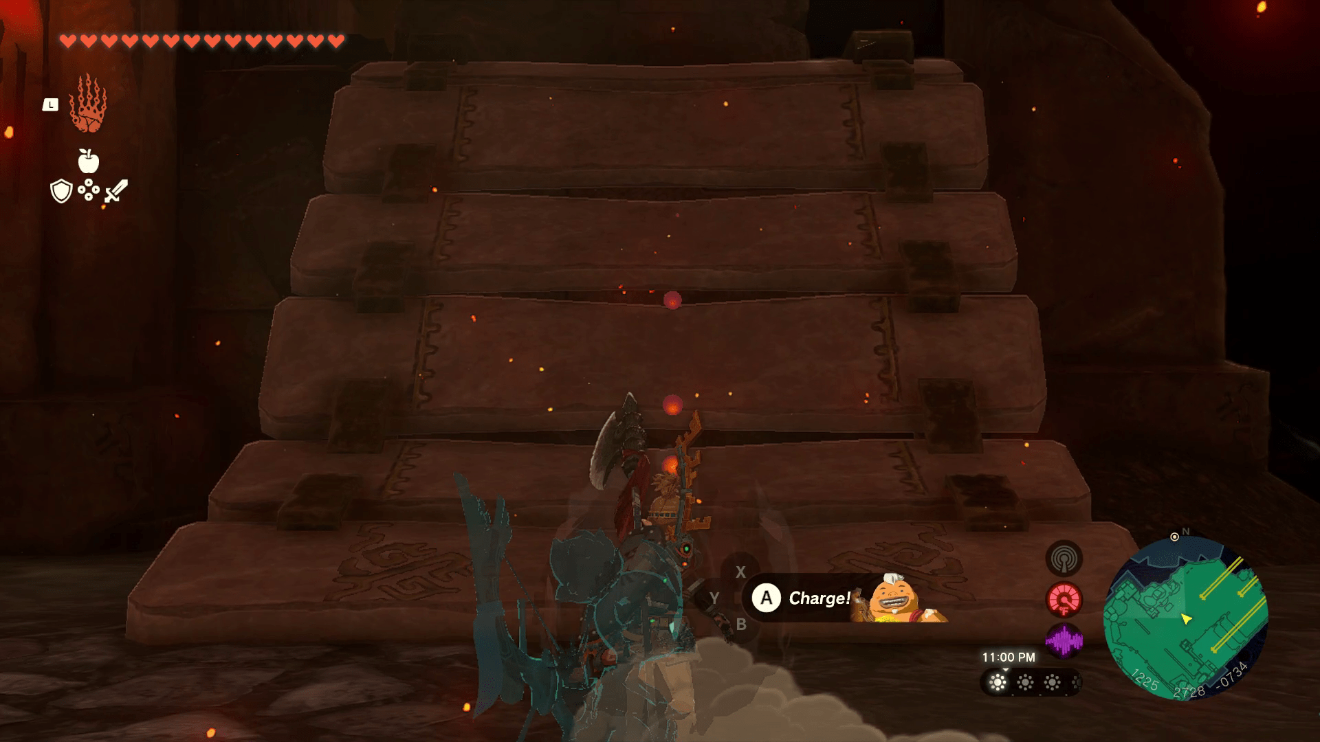 Link lines up in front of a sloped broken bridge in Tears of the Kingdom’s Fire Temple