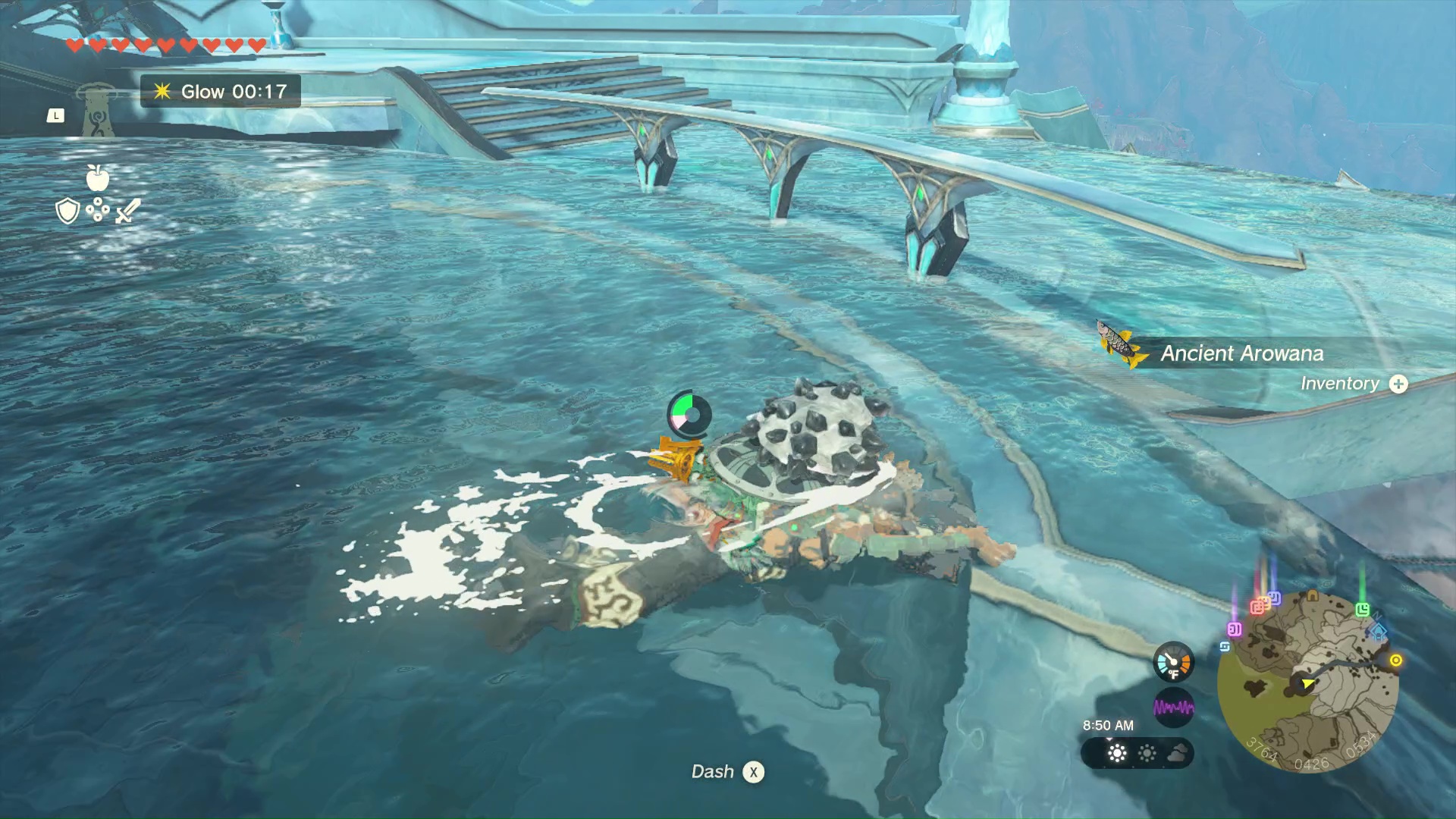 Link swimming and catching Ancient Arowana in Zelda: Tears of the Kingdom