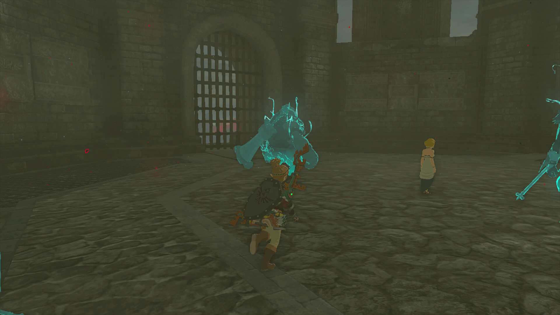 Link runs up to Zelda in a dark castle room, with her back turned away. There are several Sages around him, like Yunobo and Sidon, who have a ghastly blue glue to them in Tears of the Kingdom.