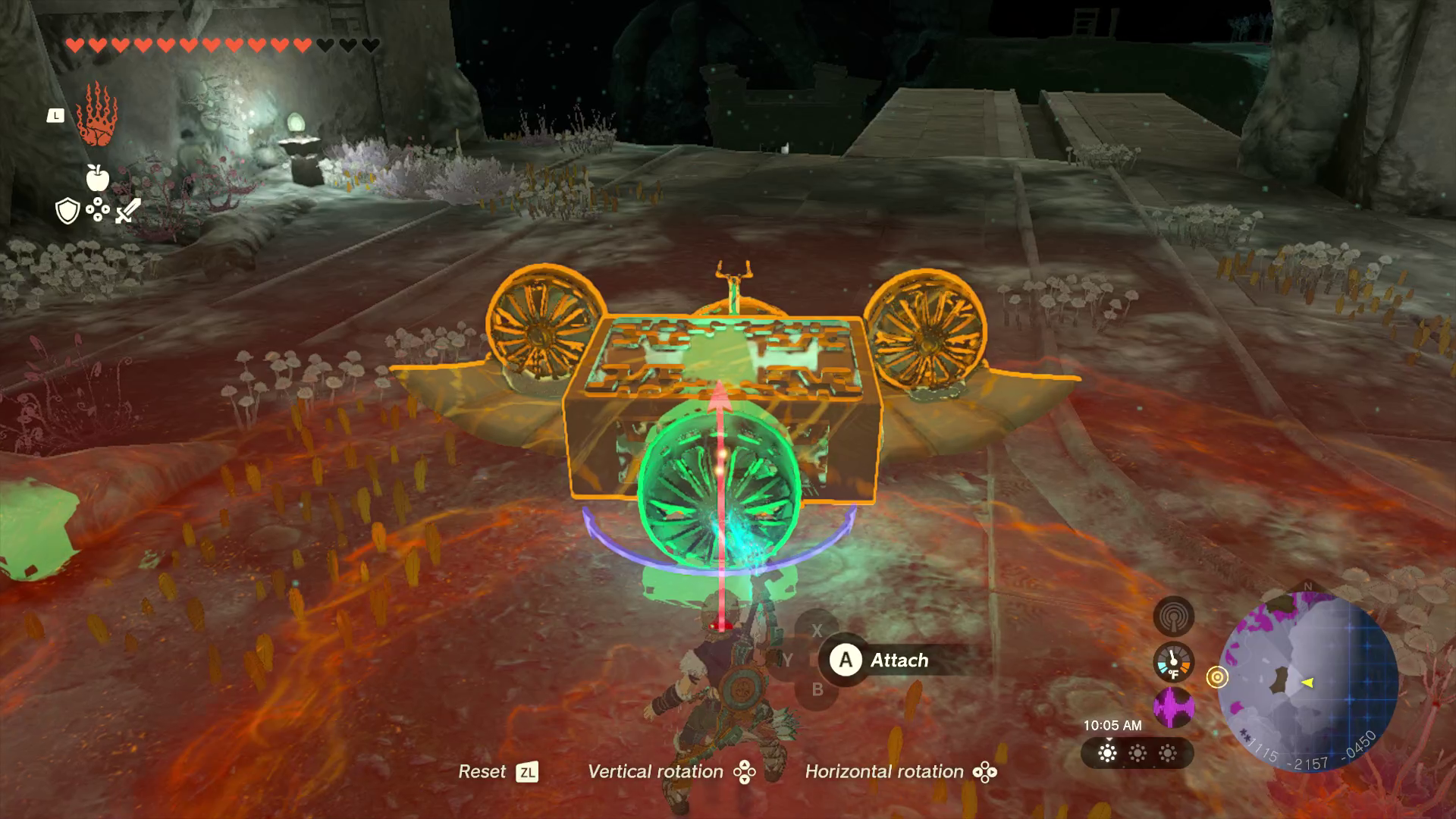 Link in Tears of the Kingdom attaches multiple fans, a box with a leg in it, and a steering device on to a wing Zonai device to fly off into the Depths