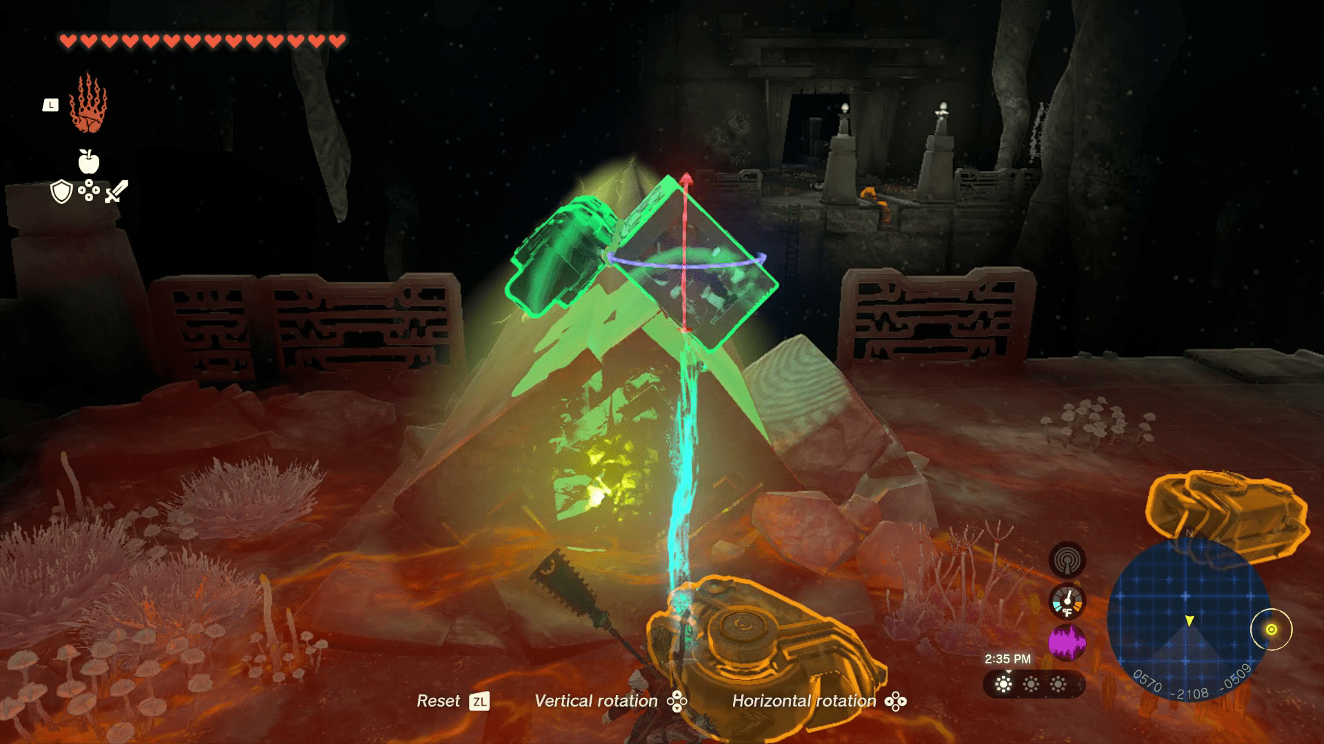 Link carefully places a box on an electric bridge, making sure that the two wheels on the box line up with a ledge in Tears of the Kingdom