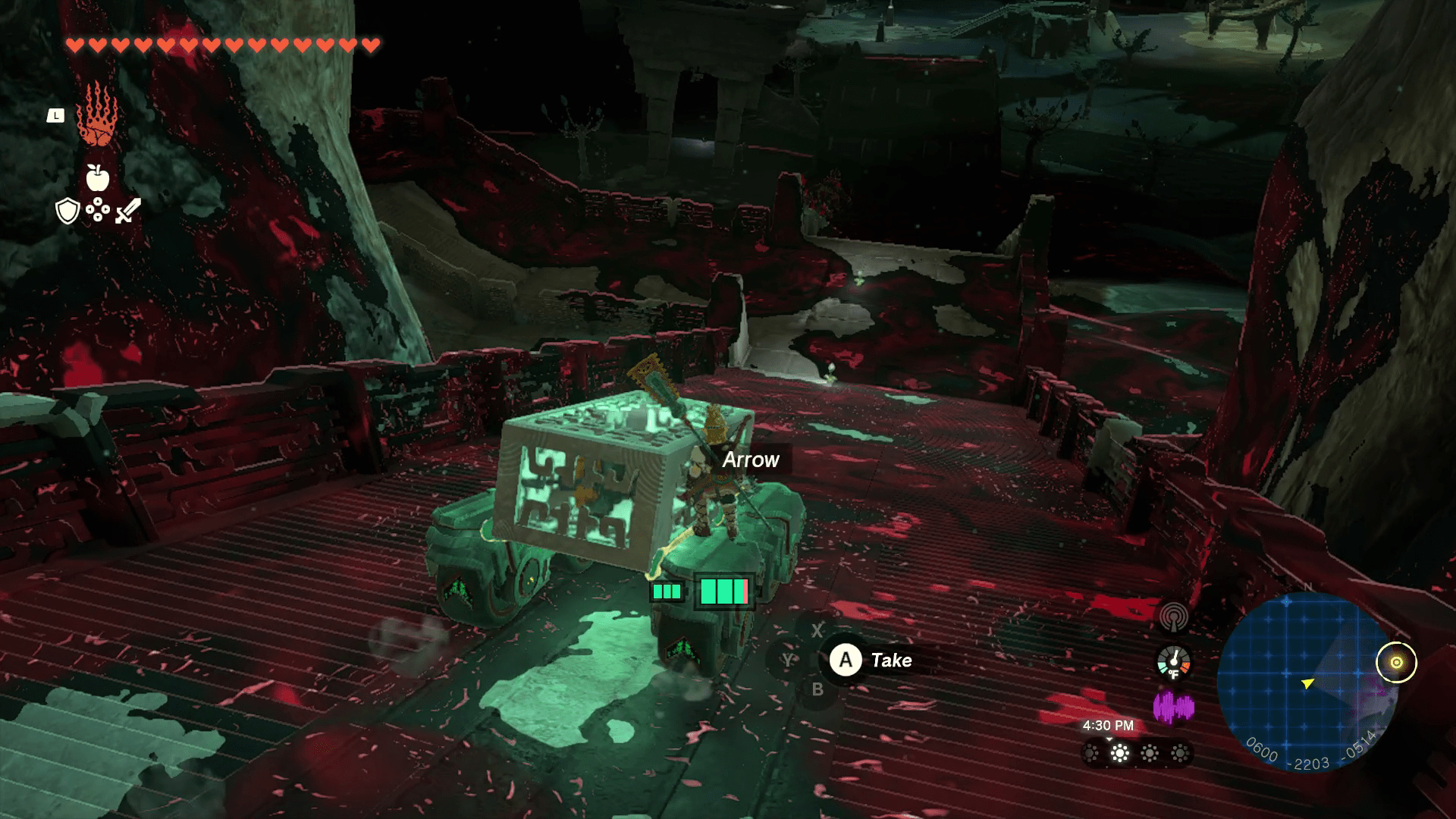Link rides down a gloom-covered set of stairs in the Depths on a car made from wheels and a box with an arm inside in Tears of the Kingdom