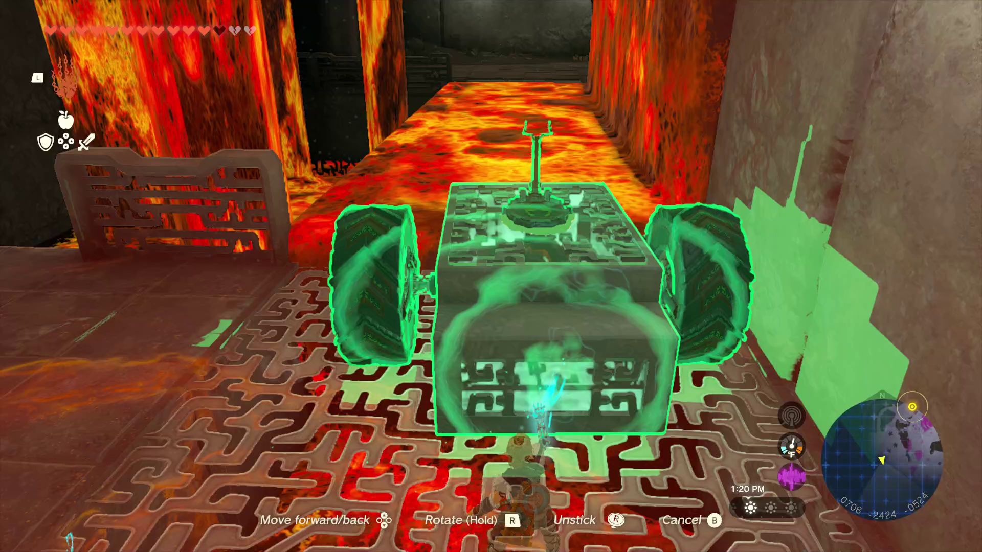Link Ultrahands a lava-crossing car together using two big wheels on each side of a box and one steering stick on top in Tears of the Kingdom