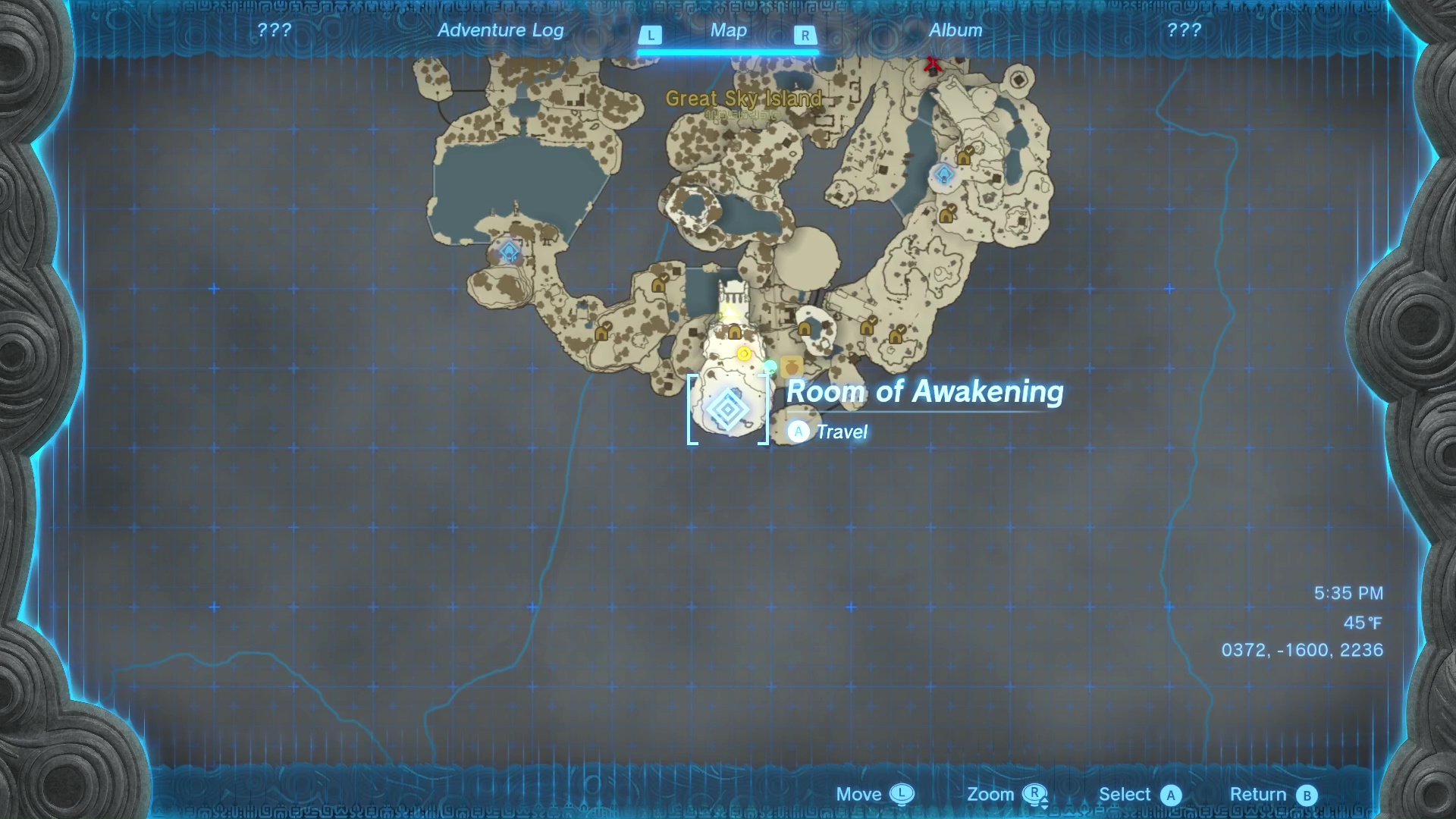 Map showing Room of Awakening text and location