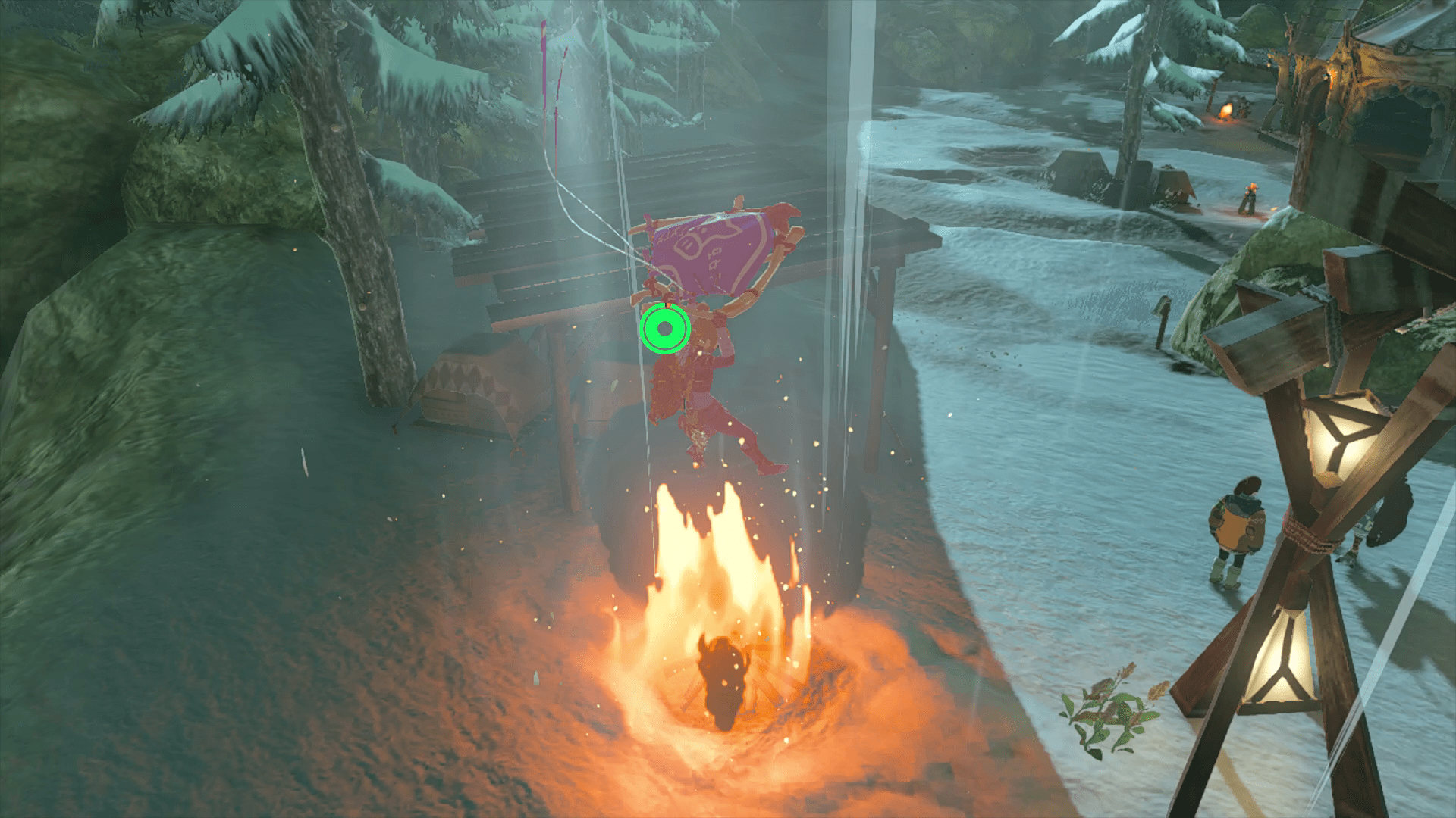 Link glides up an updraft crafted by blowing up a pinecone in a campfire in Tears of the Kingdom