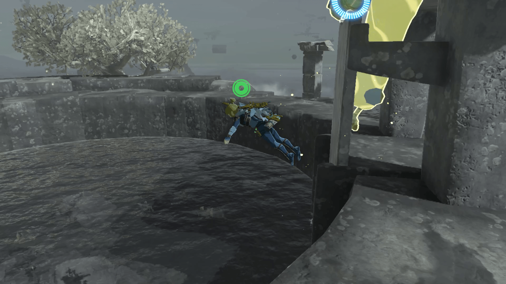 Link jumps into a small pond as the water drains out in Tears of the Kingdom