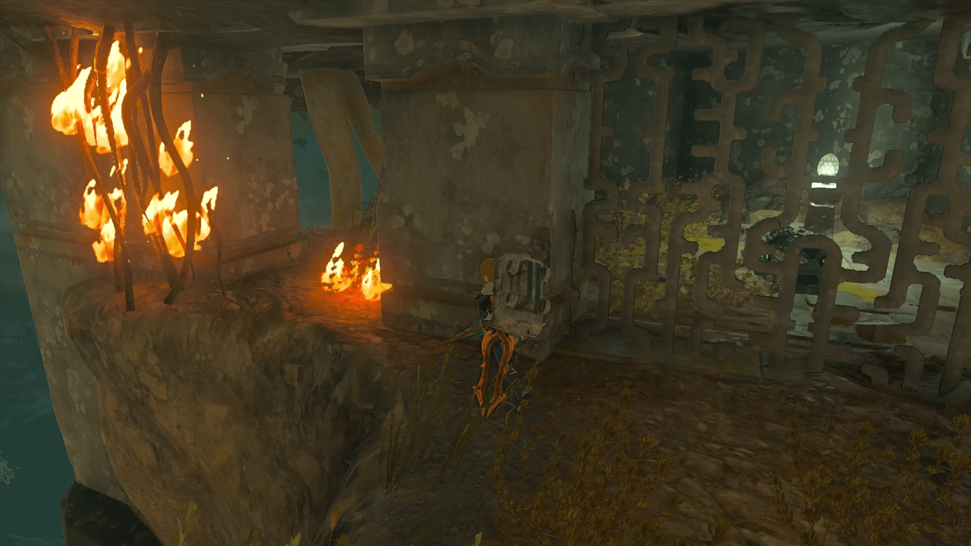 Link in Tears of the Kingdom approaches an open passageway after burning some vines on a sky island