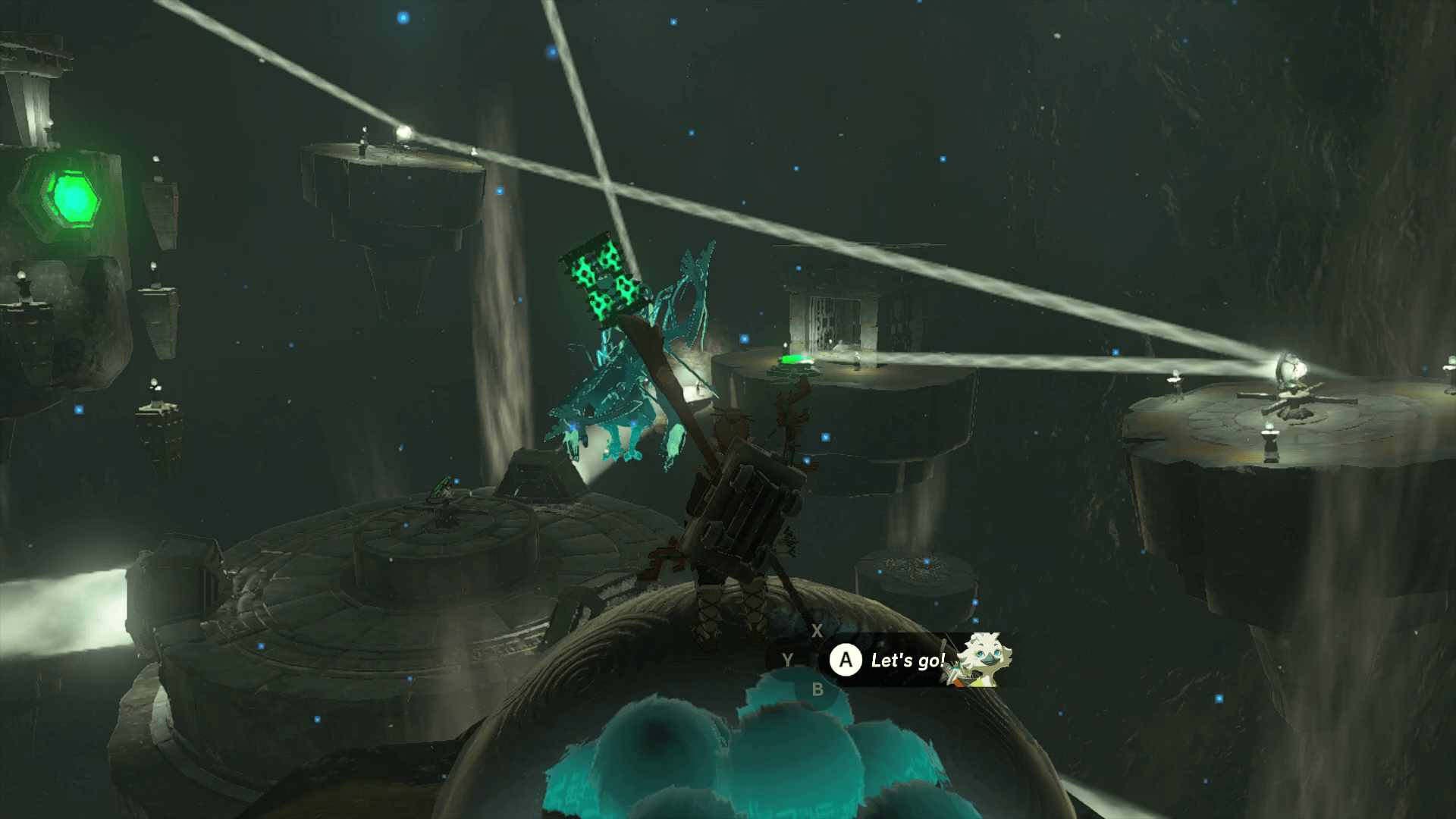 Link stands on top of a gumball machine-like object in Tears of the Kingdom, overlooking light reflecting off of many mirrors into a green glowing plate.