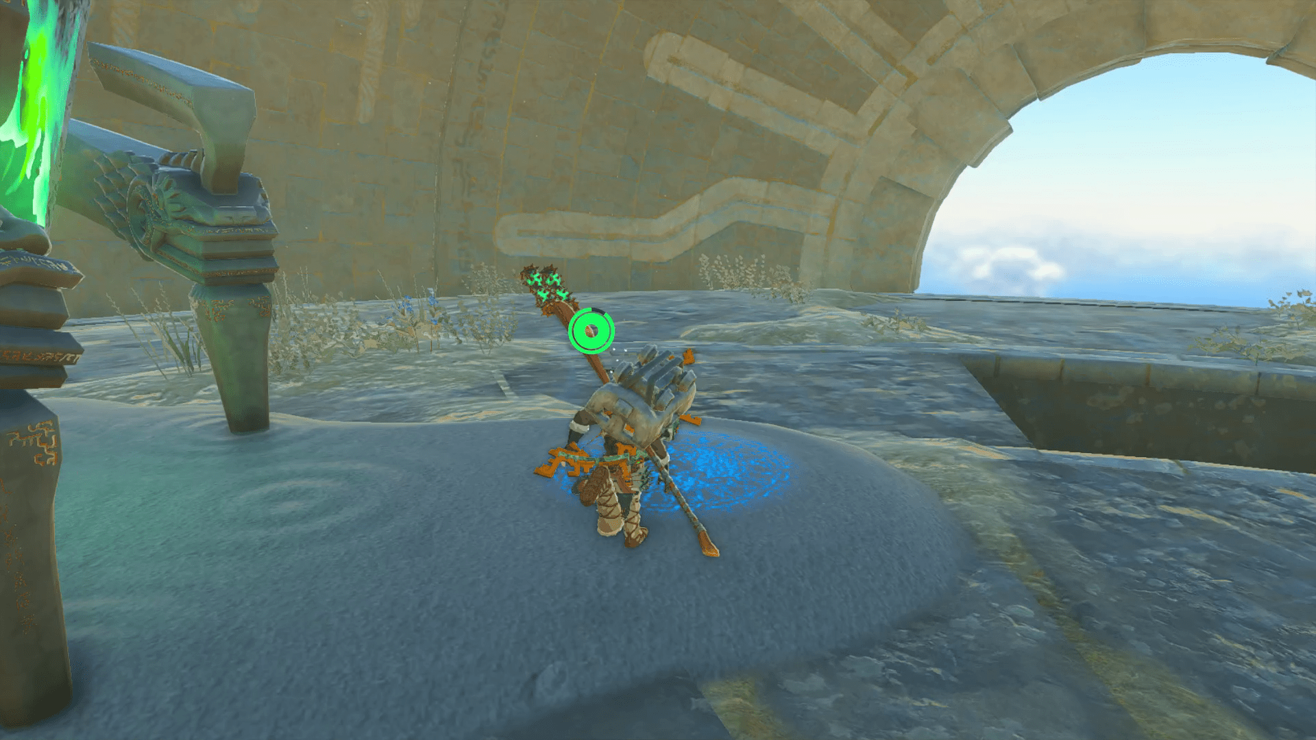 Link in Tears of the Kingdom rushes towards a semi-circle opening inside of a dome in the sky