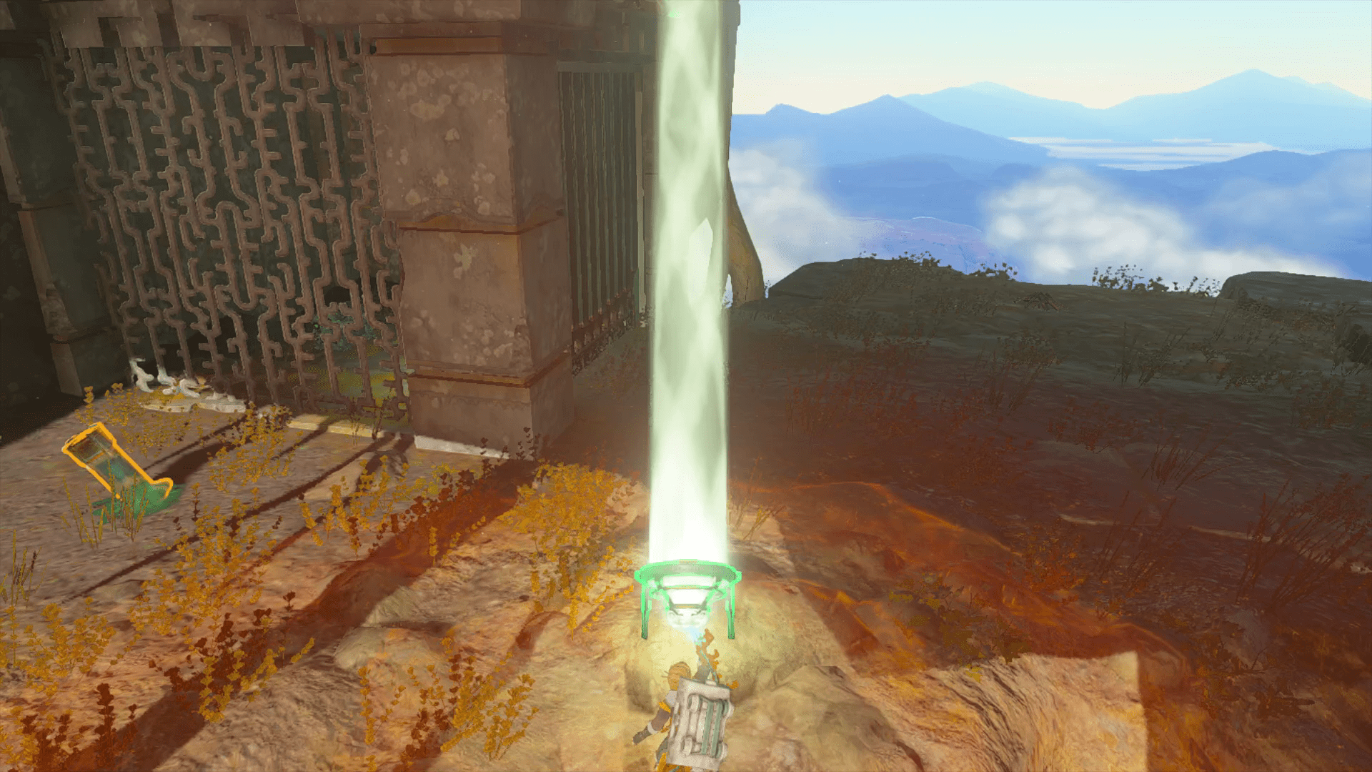 Link uses Ultrahand to aim a mirror into an offscreen plate to get a chest in Tears of the Kingdom