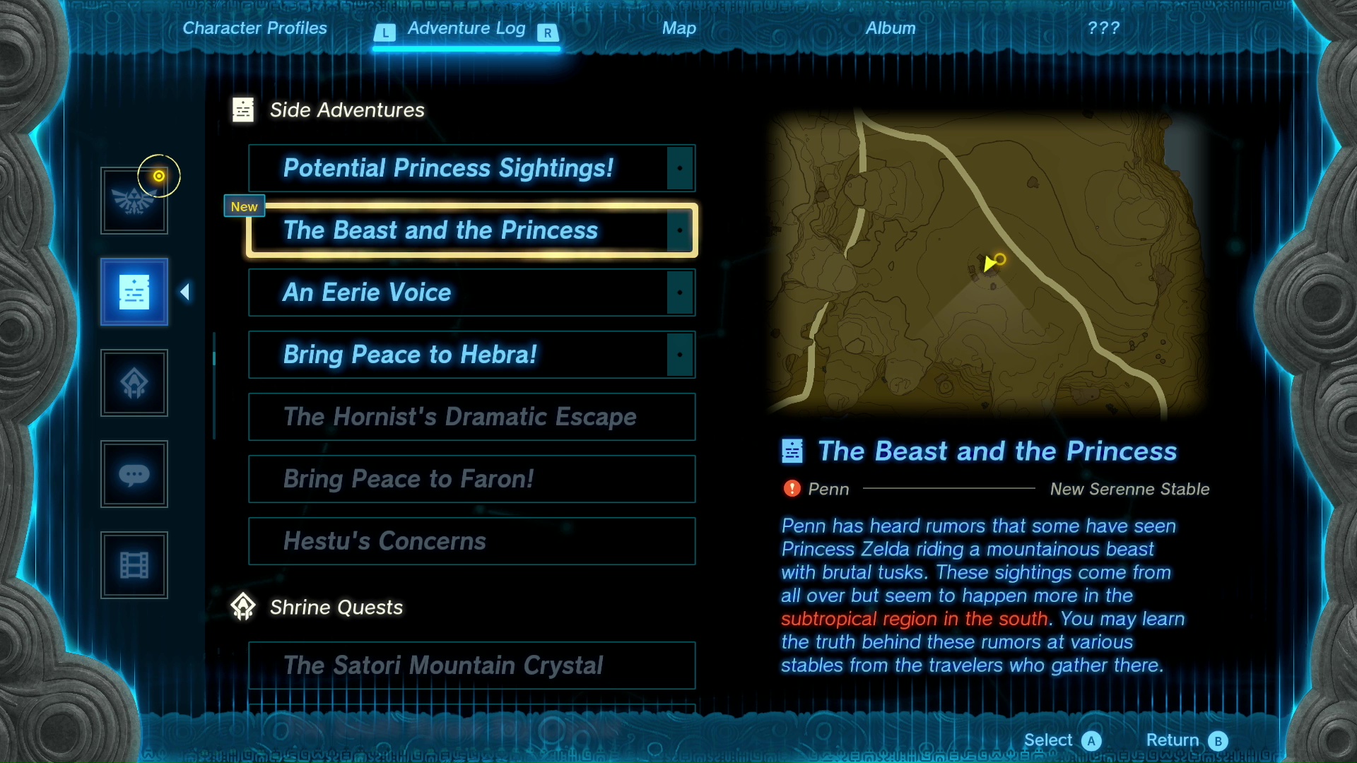The Beast and the Princess quest log entry