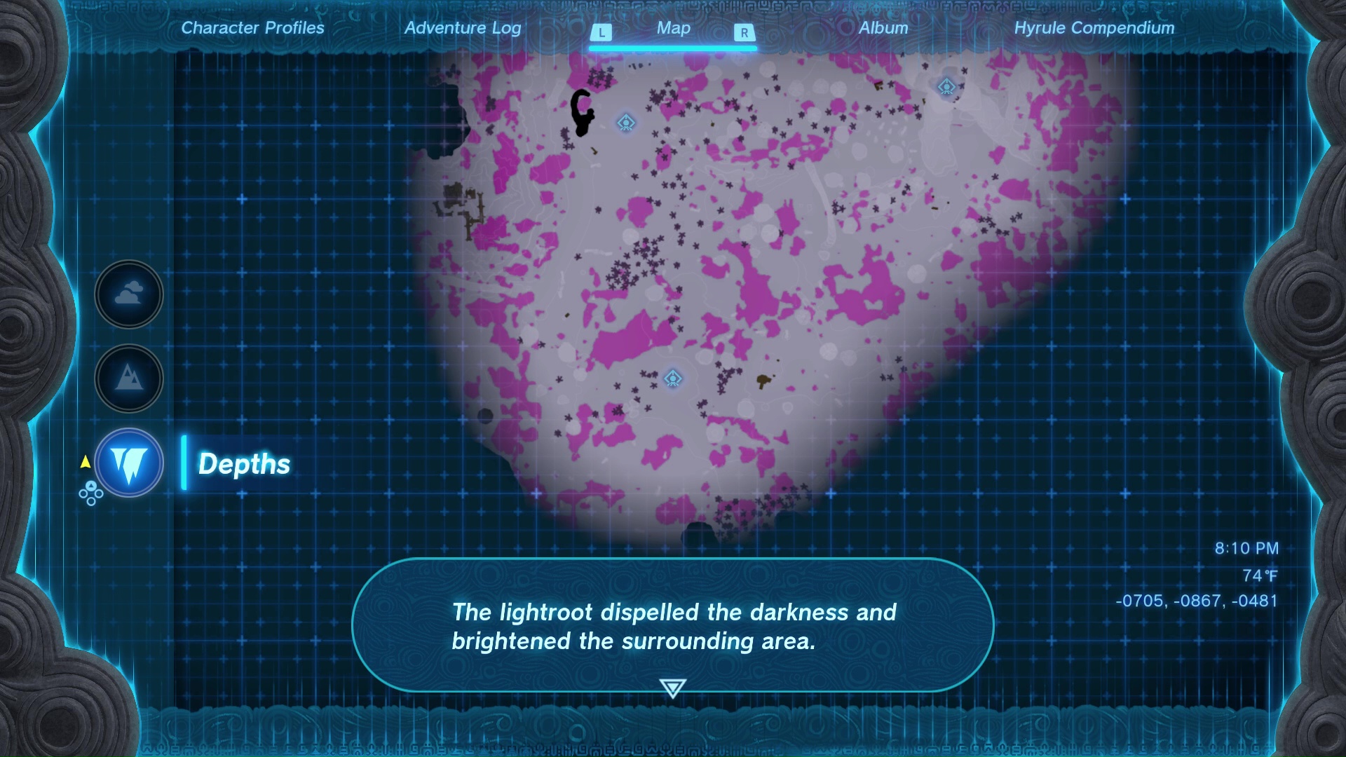 Map of the Depths showing the Nihcayam Lightroot unlocking, with the text “The lightroot dispelled the darkness and brightened the surrounding area.”