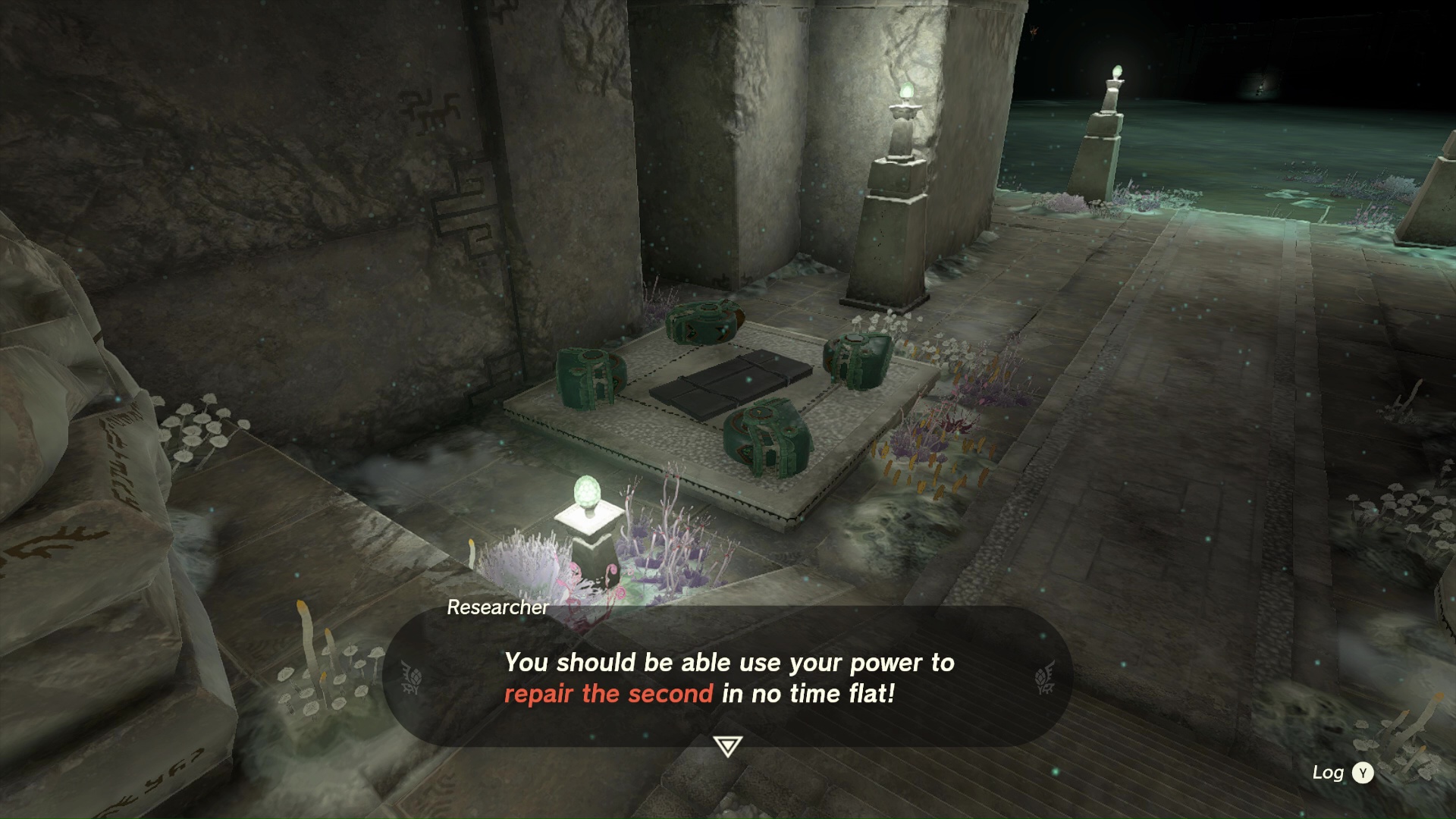 A tutorial for Autobuild in the Great Abandoned Central Mine, with the text “You should be able use your power to repair the second in no time flat!”