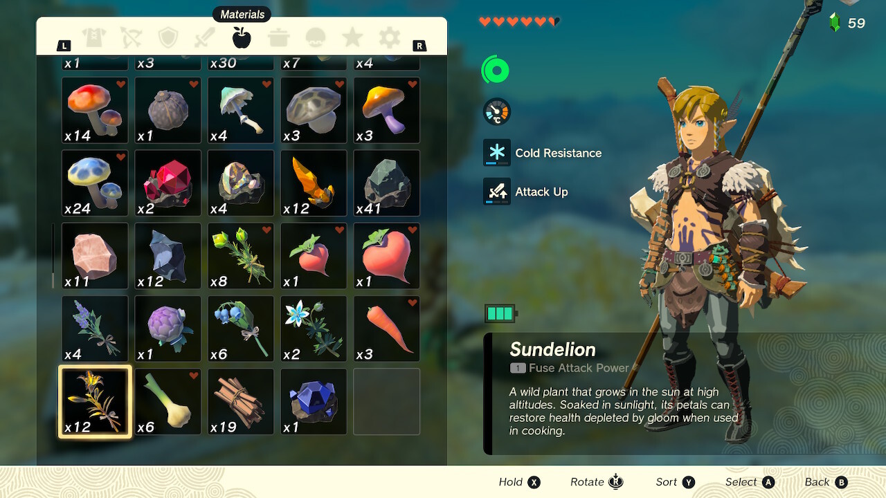 Checking Sundelion in the inventory screen