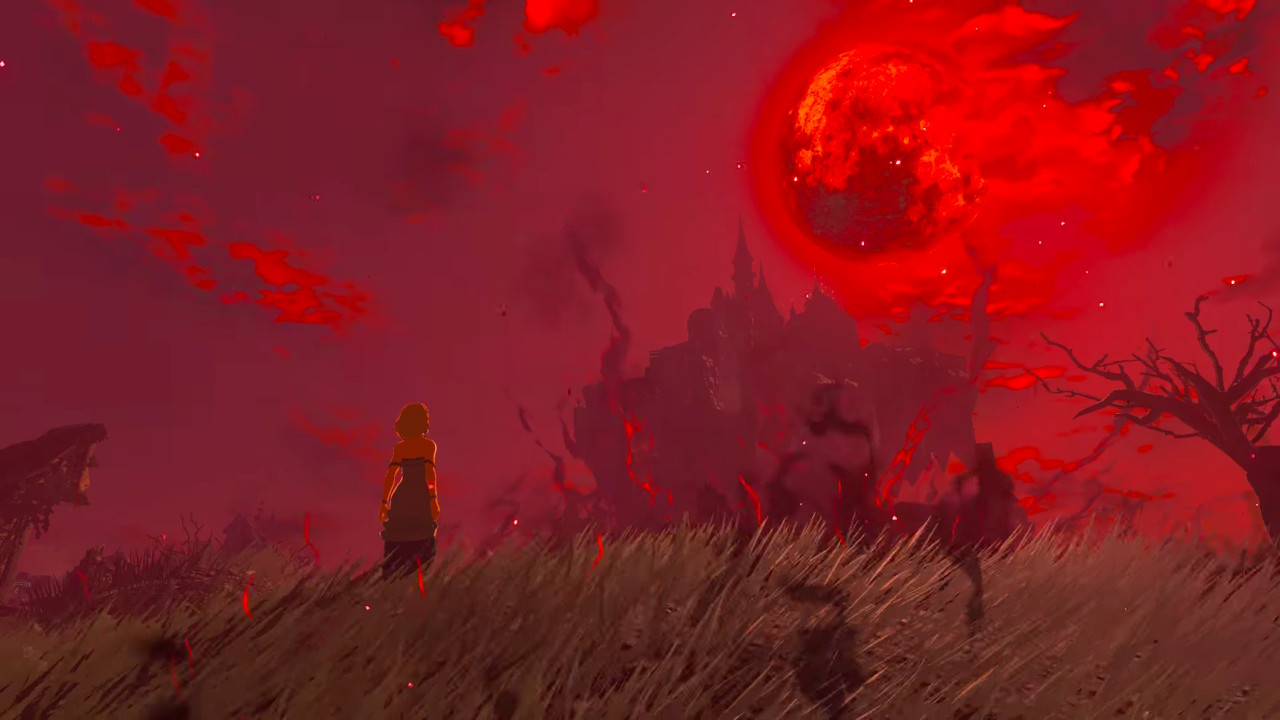 Zelda stares at a Blood Moon over Hyrule Castle in Zelda Tears of the Kingdom.