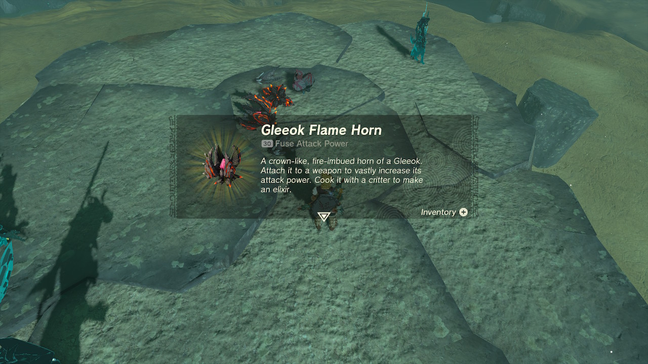 Link looks at a gleeok flame horn in Zelda Tears of the Kingdom.