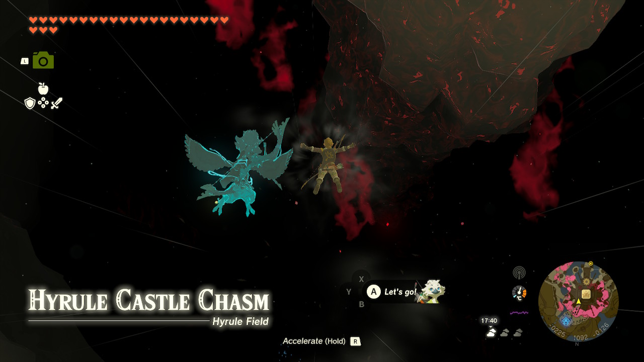 Link dives into the Hyrule Castle Chasm on the Destroy Ganondorf quest in Zelda Tears of the Kingdom.