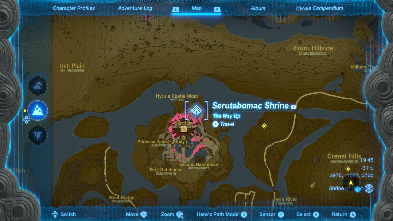 A map shows the location of the Serutabomac Shrine in Zelda Tears of the Kingdom.